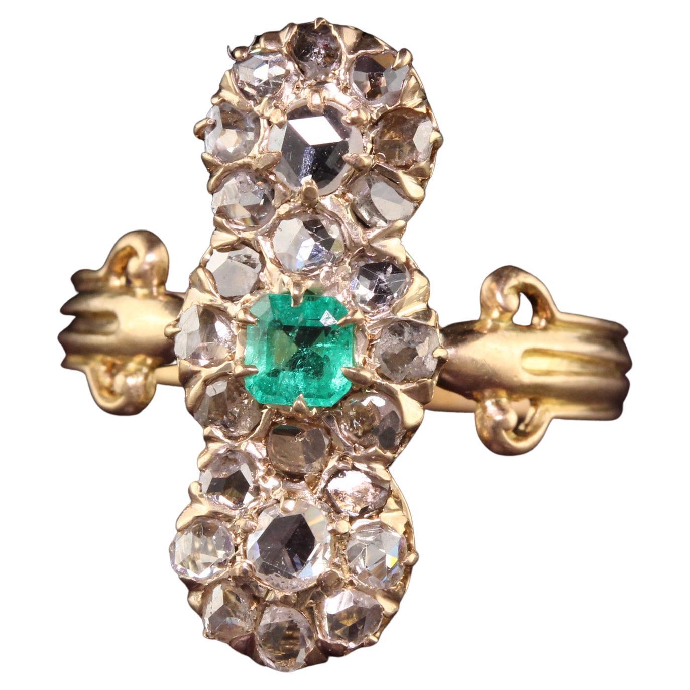 Antique Victorian 18k Yellow Gold Rose Cut Diamond and Emerald Shield Ring For Sale