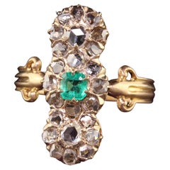 Antique Victorian 18k Yellow Gold Rose Cut Diamond and Emerald Shield Ring