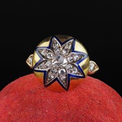 Antique Victorian 18K Yellow Gold Rose Cut Diamond and Enamel Starburst Ring