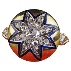 Antique Victorian 18K Yellow Gold Rose Cut Diamond and Enamel Starburst Ring