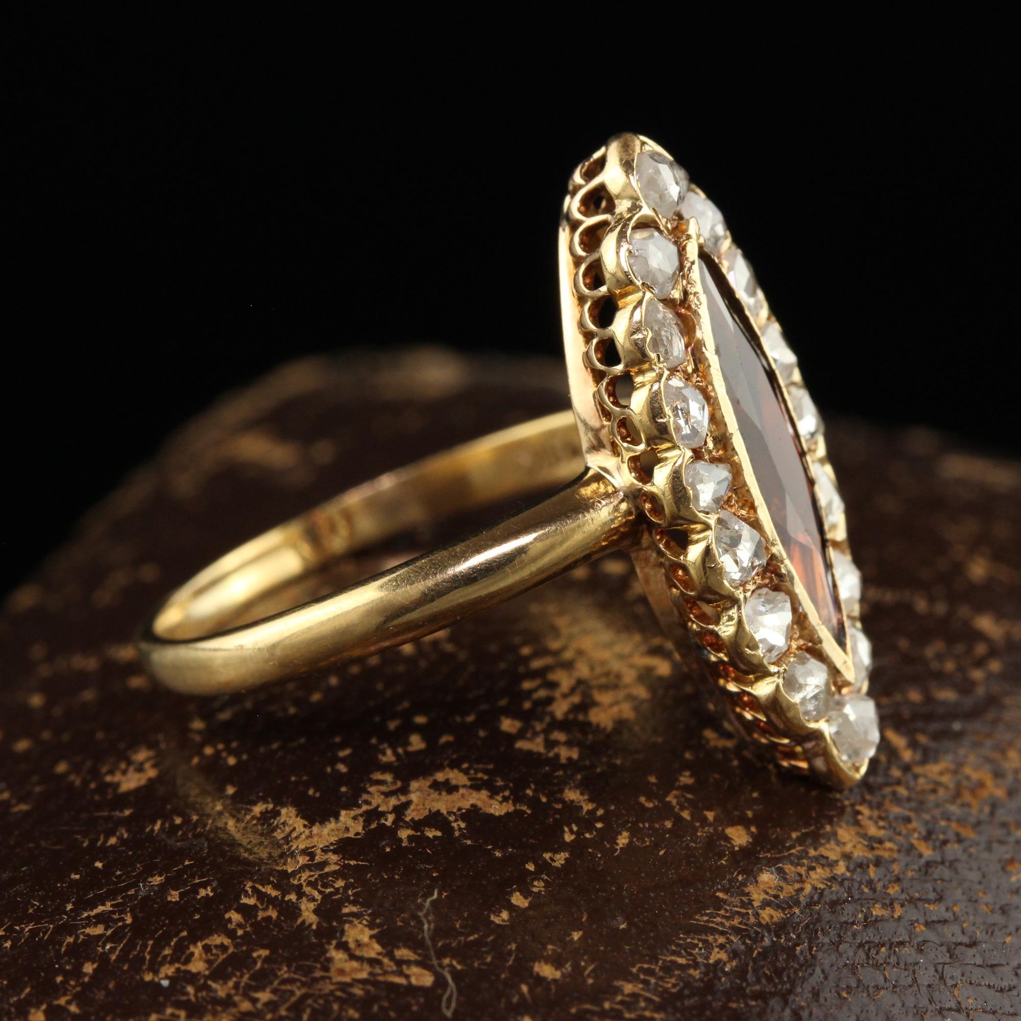 Antique Victorian 18K Yellow Gold Rose Cut Diamond and Garnet Navette Ring In Good Condition For Sale In Great Neck, NY
