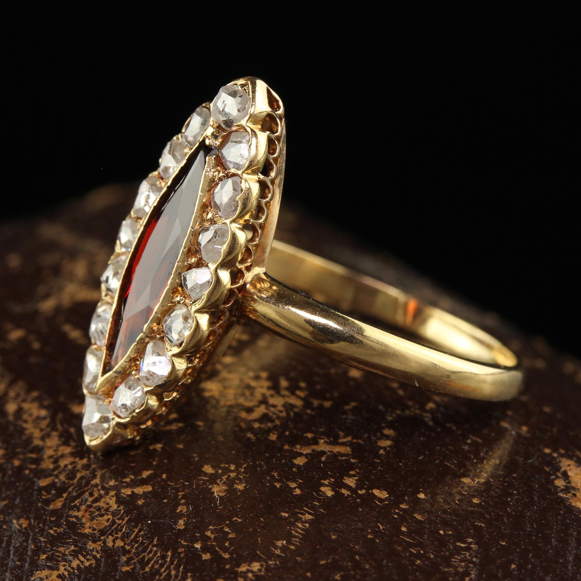 Women's Antique Victorian 18K Yellow Gold Rose Cut Diamond and Garnet Navette Ring For Sale