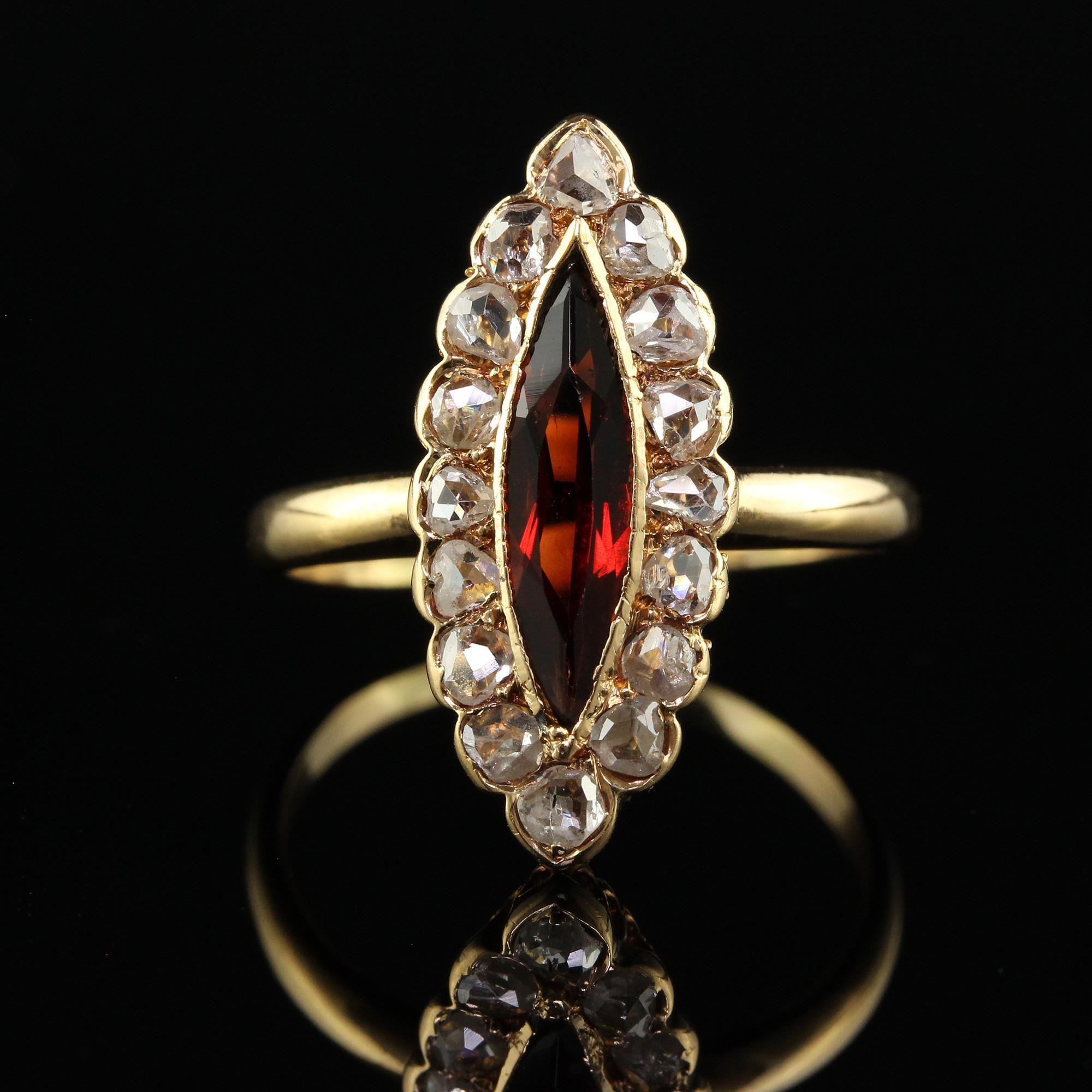 Antique Victorian 18K Yellow Gold Rose Cut Diamond and Garnet Navette Ring For Sale 1