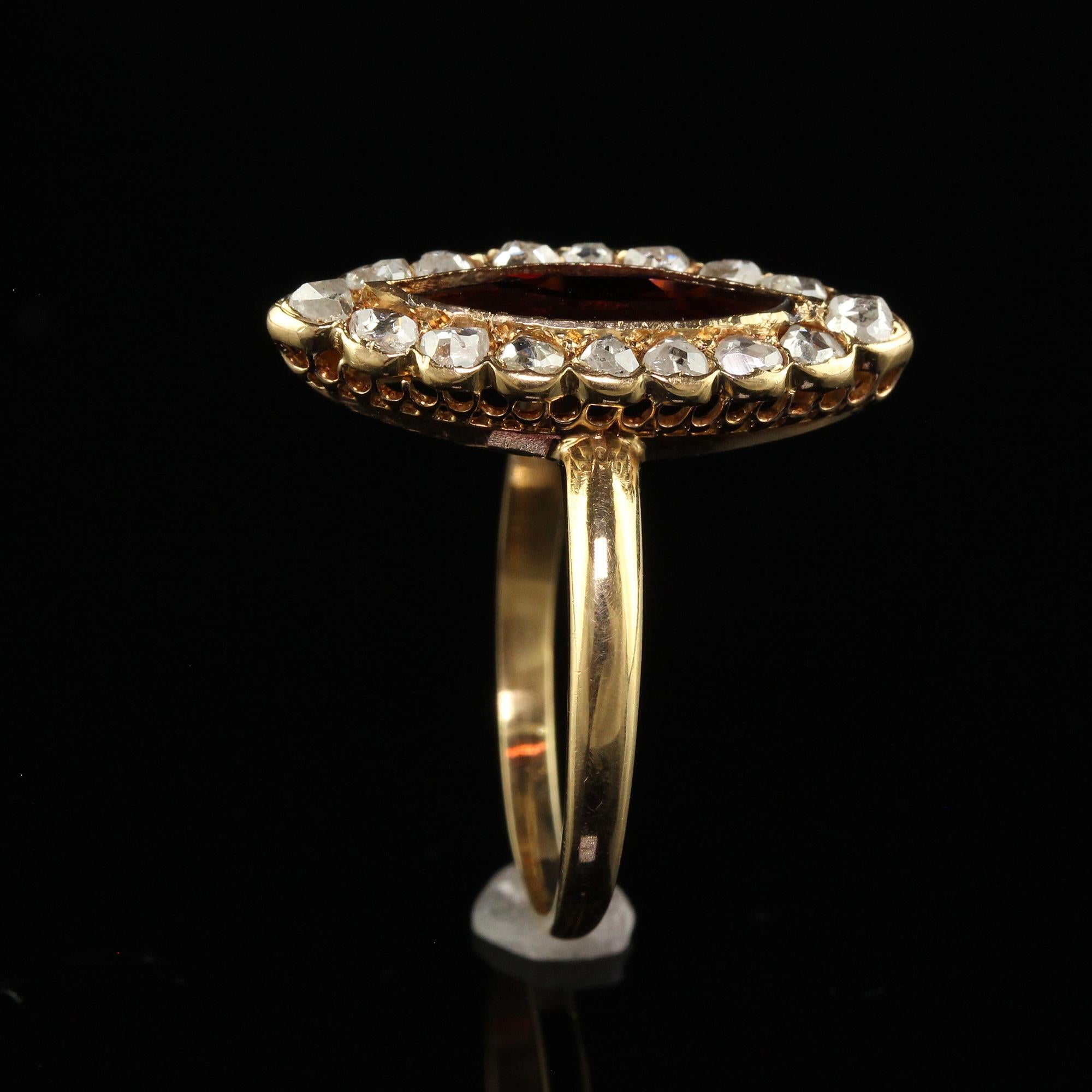 Antique Victorian 18K Yellow Gold Rose Cut Diamond and Garnet Navette Ring For Sale 3