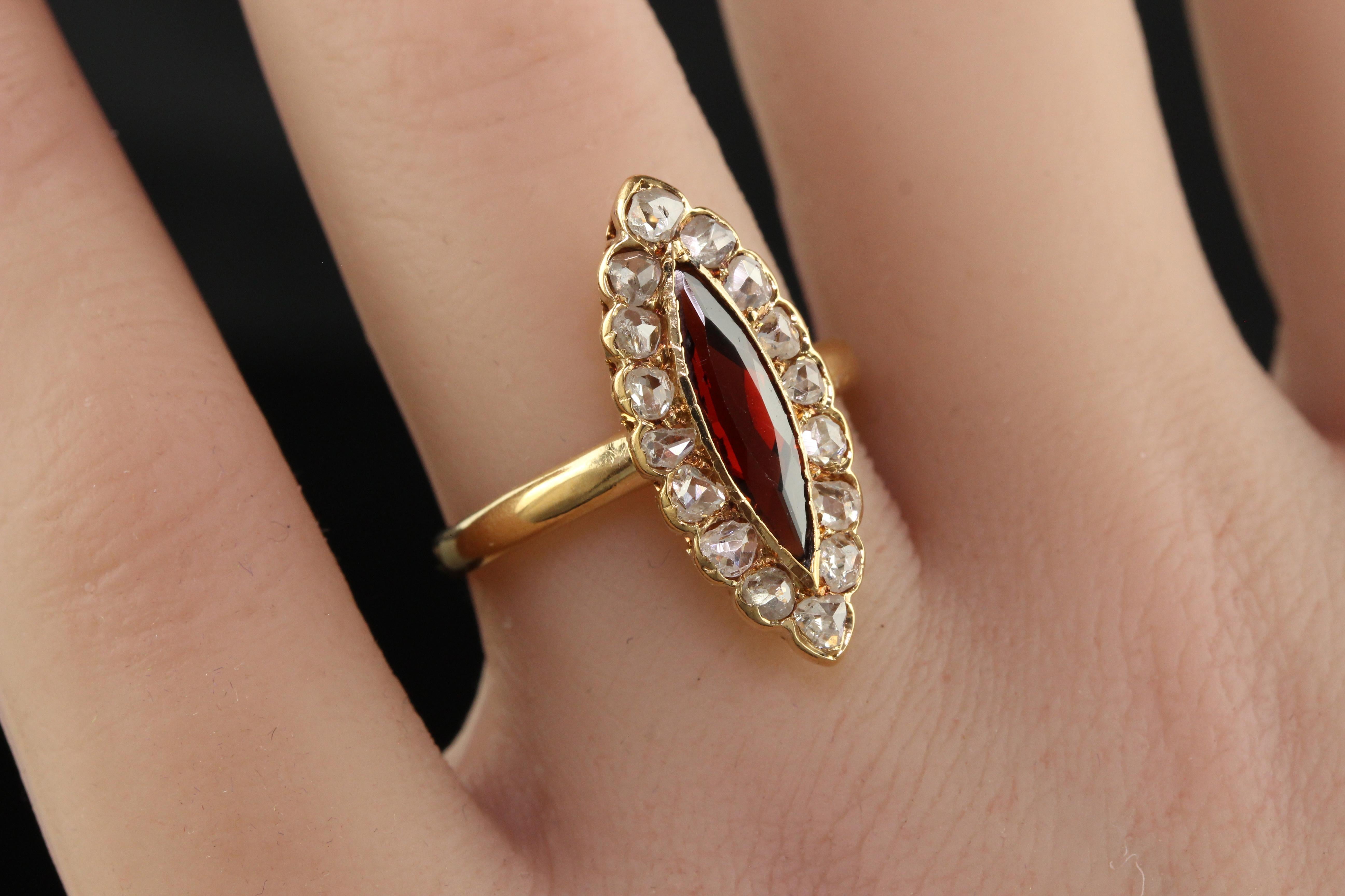 Antique Victorian 18K Yellow Gold Rose Cut Diamond and Garnet Navette Ring For Sale 4