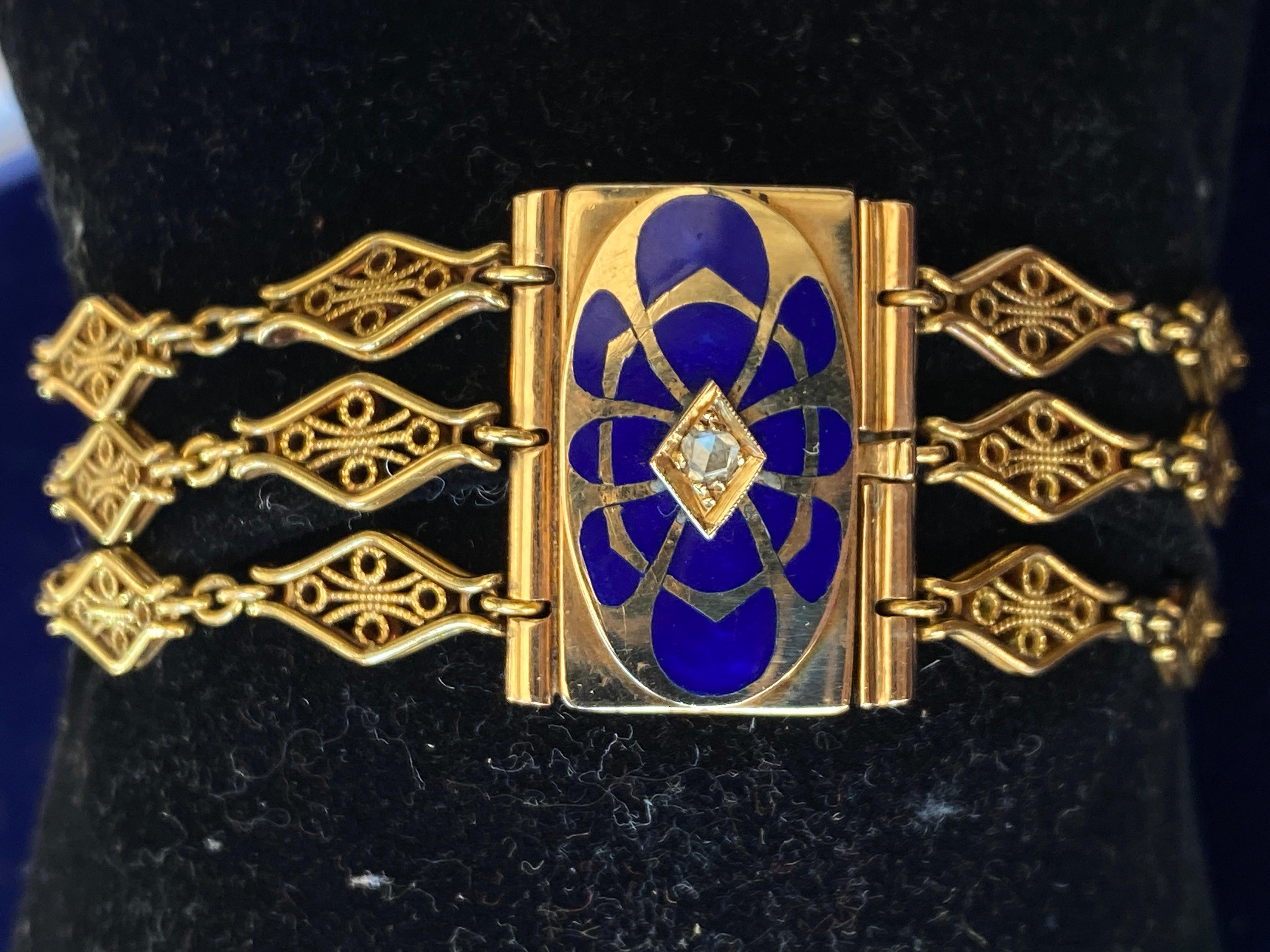 Antikes viktorianisches Armband aus 14 Karat Gelbgold mit Diamanten im Rosenschliff und blauer Emaille im Angebot 5