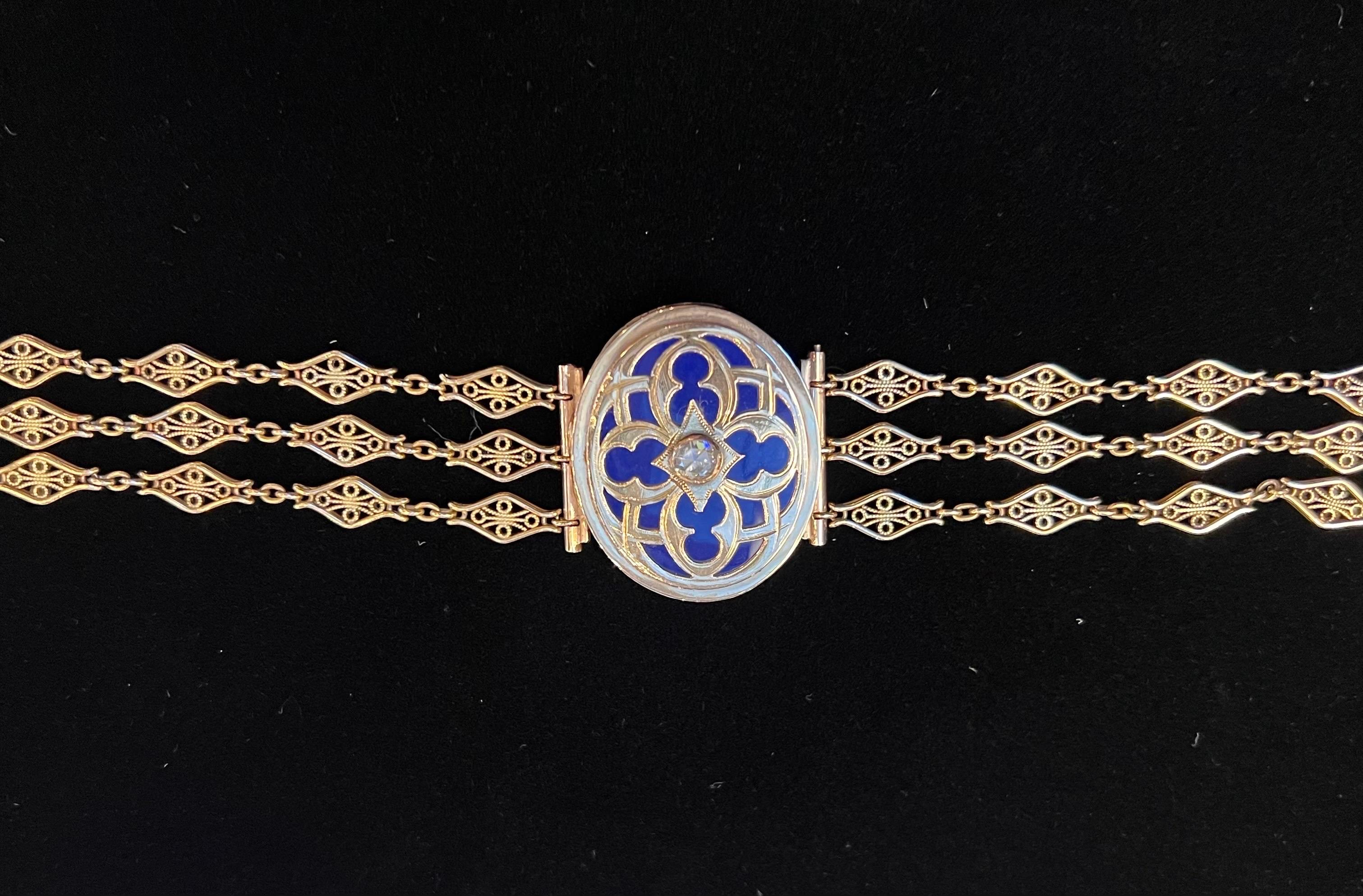 Antique Victorian 14k Yellow Gold Rose Cut Diamond Blue Enamel Locket Bracelet For Sale 7