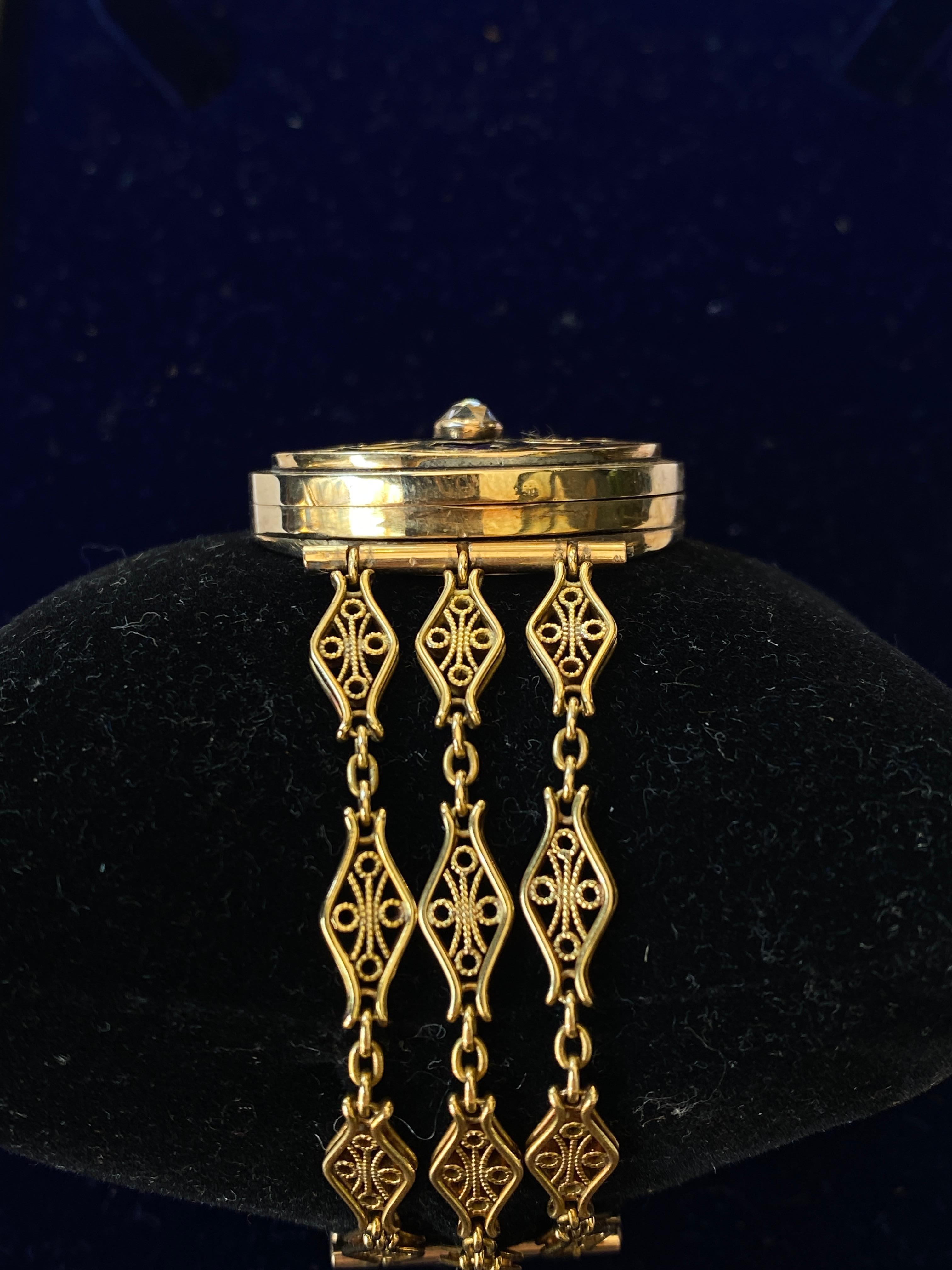 Antique Victorian 14k Yellow Gold Rose Cut Diamond Blue Enamel Locket Bracelet For Sale 8