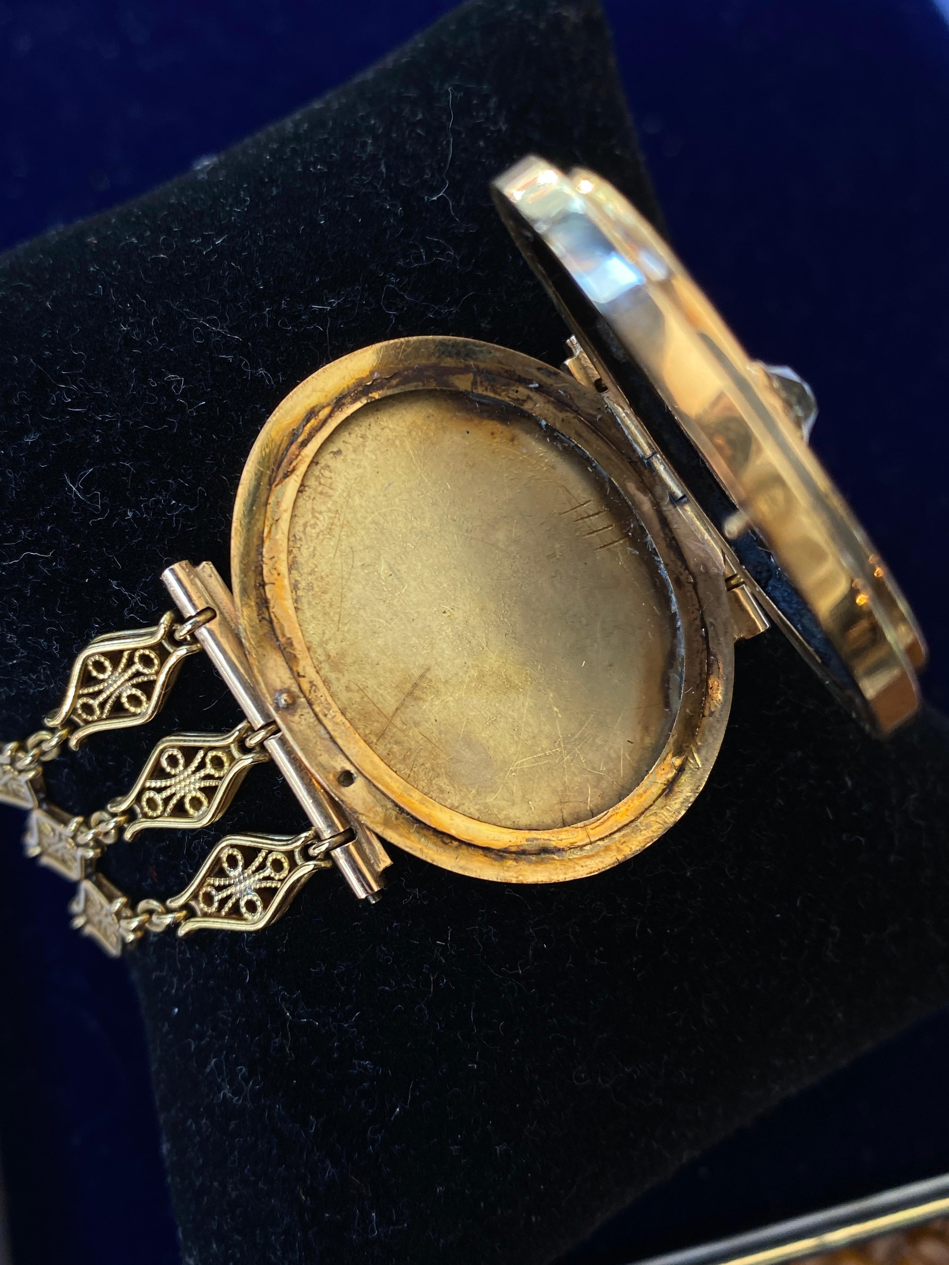 Antique Victorian 14k Yellow Gold Rose Cut Diamond Blue Enamel Locket Bracelet For Sale 9