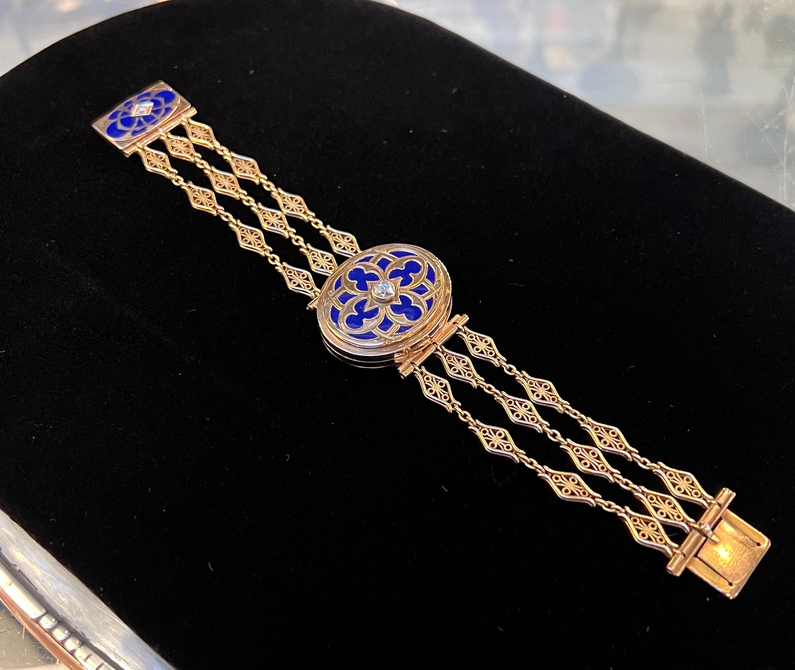 Women's Antique Victorian 14k Yellow Gold Rose Cut Diamond Blue Enamel Locket Bracelet For Sale