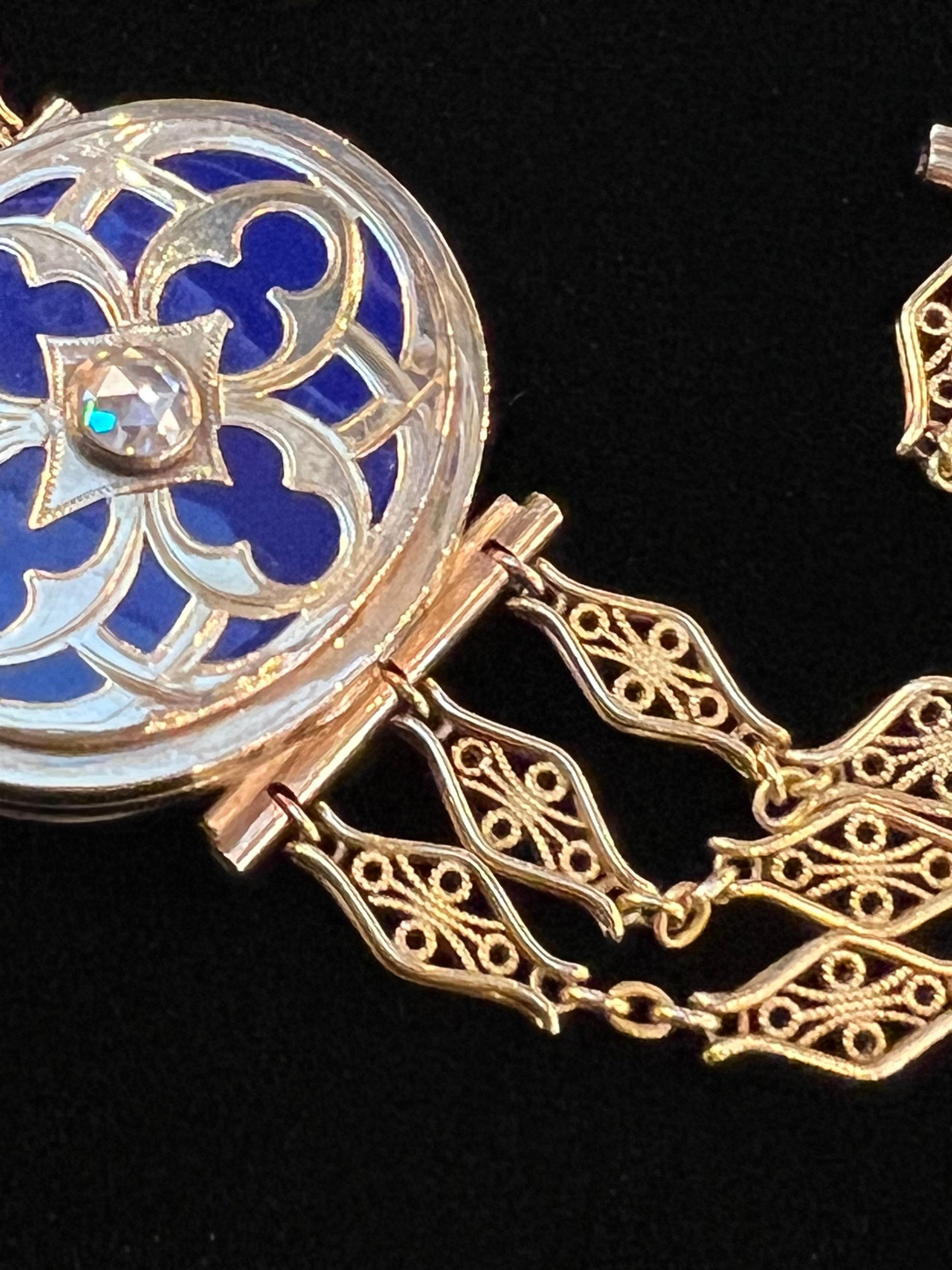 Antique Victorian 14k Yellow Gold Rose Cut Diamond Blue Enamel Locket Bracelet For Sale 1