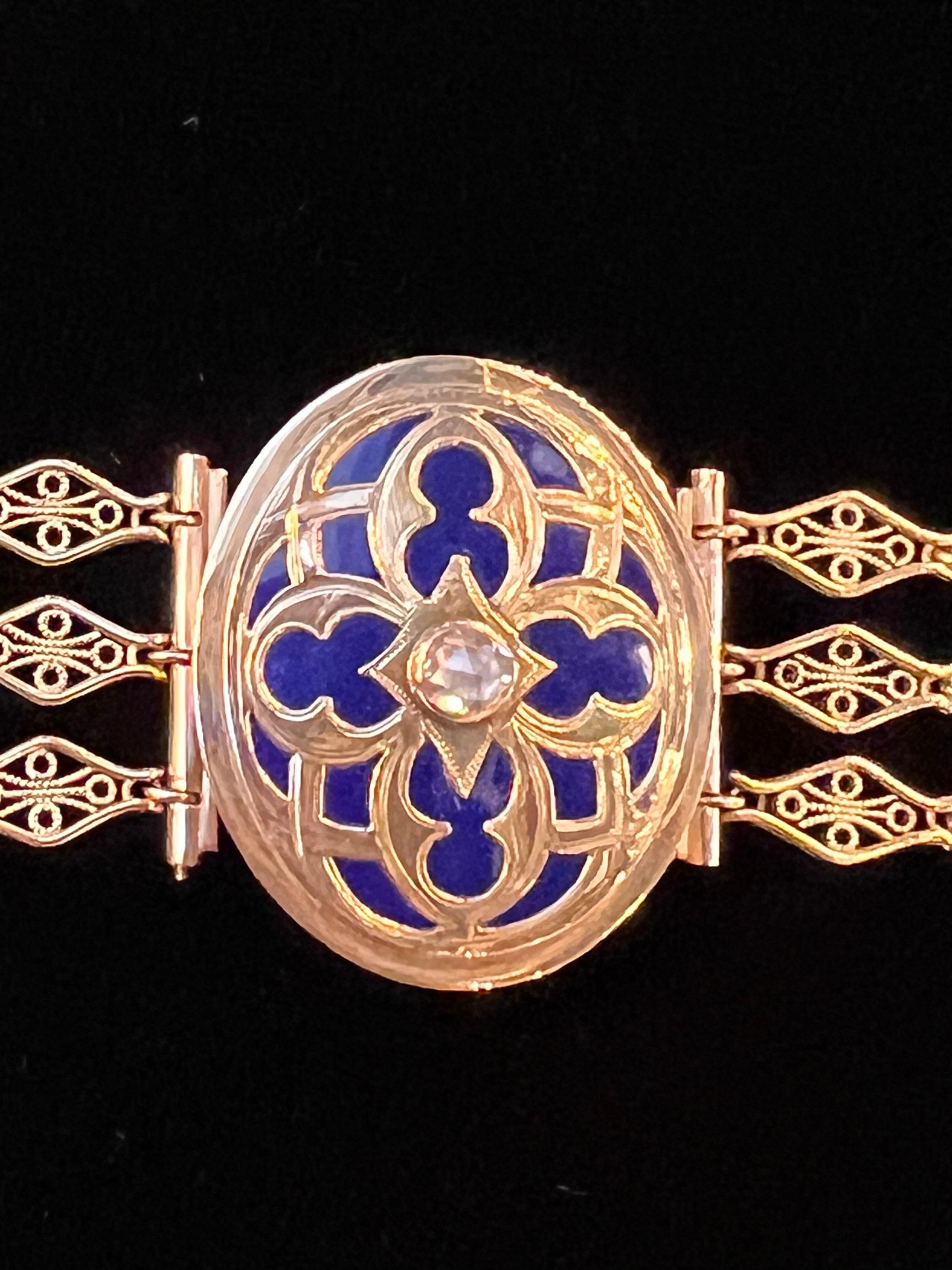 Antique Victorian 14k Yellow Gold Rose Cut Diamond Blue Enamel Locket Bracelet For Sale 2