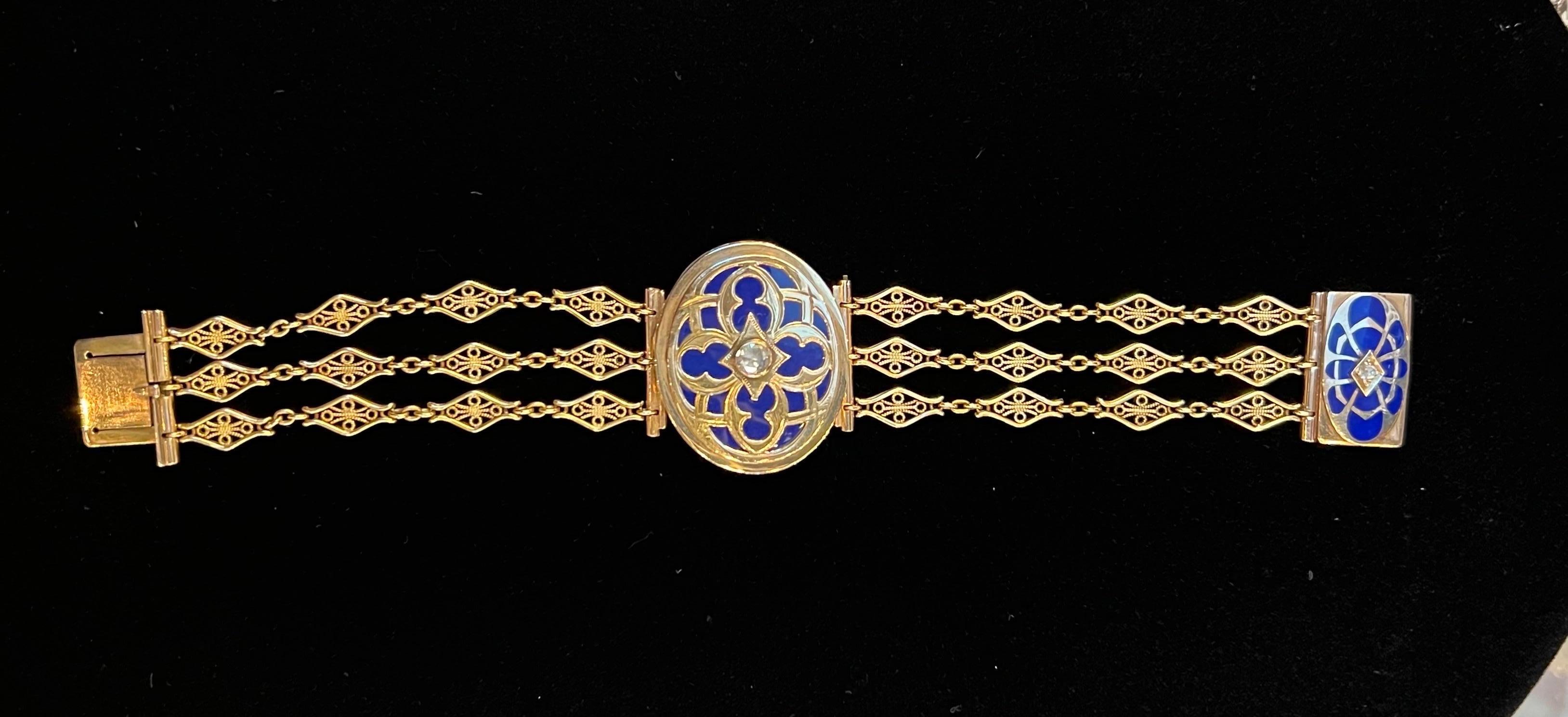 Antique Victorian 14k Yellow Gold Rose Cut Diamond Blue Enamel Locket Bracelet For Sale 3