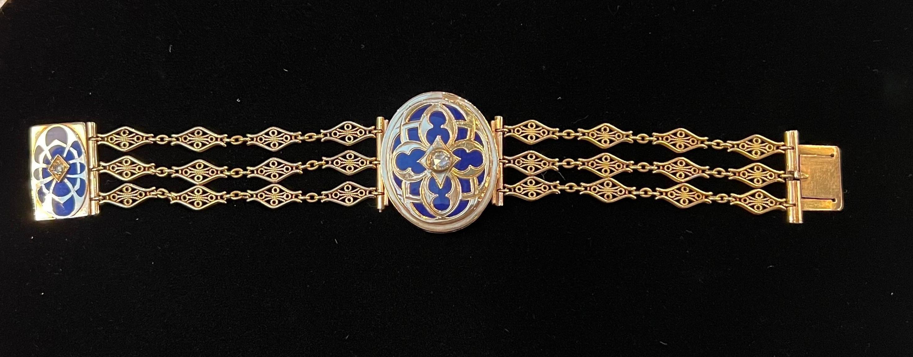 Antique Victorian 14k Yellow Gold Rose Cut Diamond Blue Enamel Locket Bracelet For Sale 5