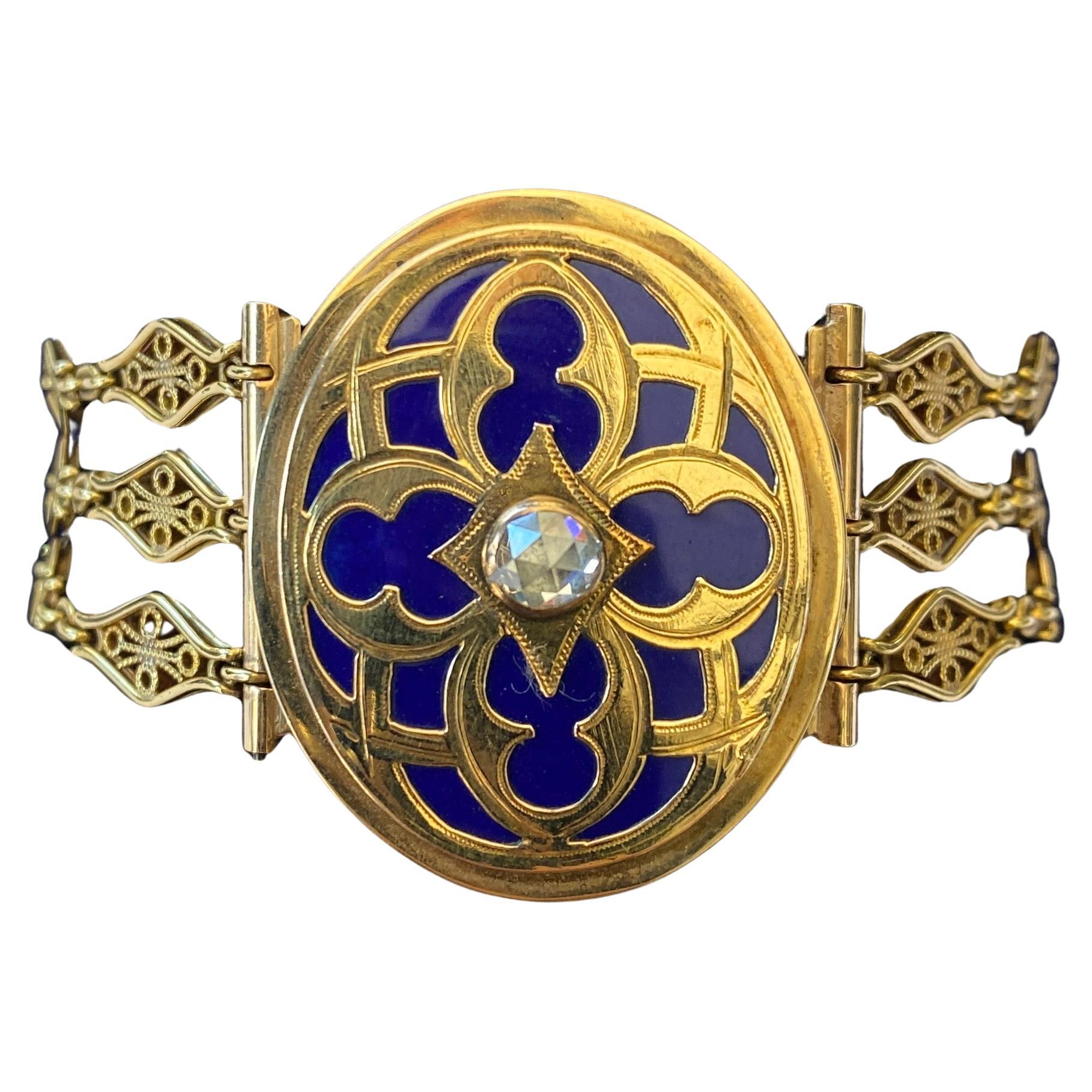 Antique Victorian 14k Yellow Gold Rose Cut Diamond Blue Enamel Locket Bracelet For Sale