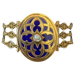 Bracelet médaillon victorien ancien en or jaune 14 carats avec diamants taille rose et émail bleu