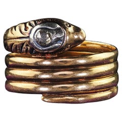 Antique Victorian 18K Yellow Gold Rose Cut Diamond Coiled Snake Ring