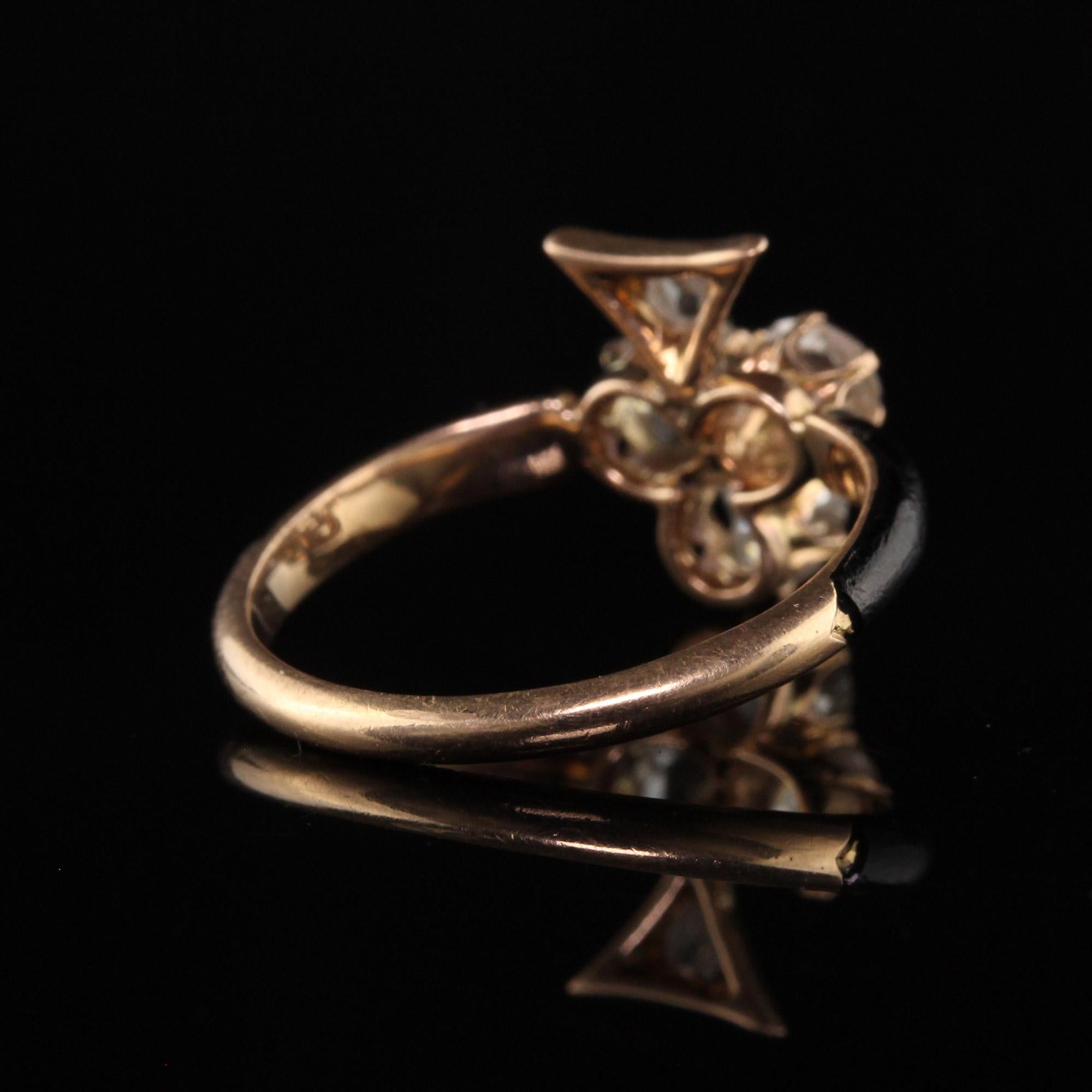 Antique Victorian 18K Yellow Gold Rose Cut Diamond Enamel Clover Ring 1