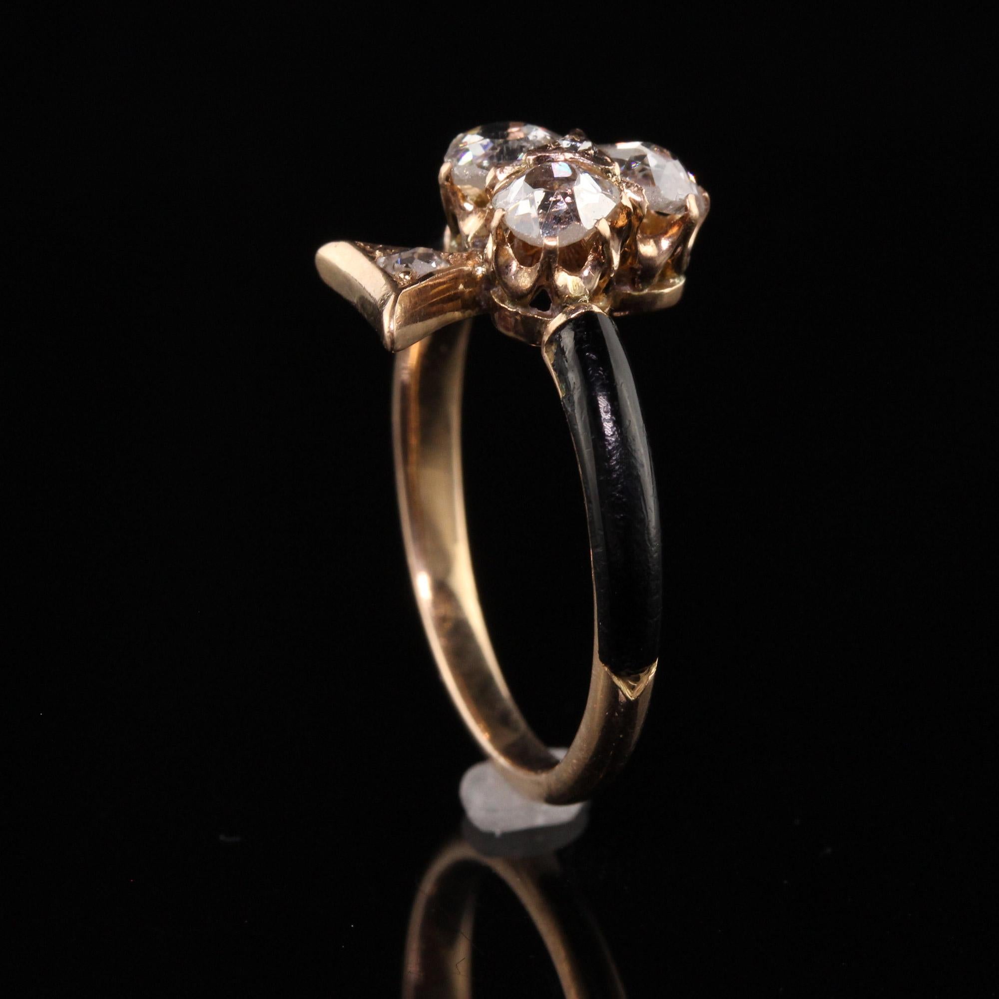 Antique Victorian 18K Yellow Gold Rose Cut Diamond Enamel Clover Ring 2
