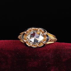 Antique Victorian 18K Yellow Gold Rose Cut Diamond Enamel Engagement Ring - GIA