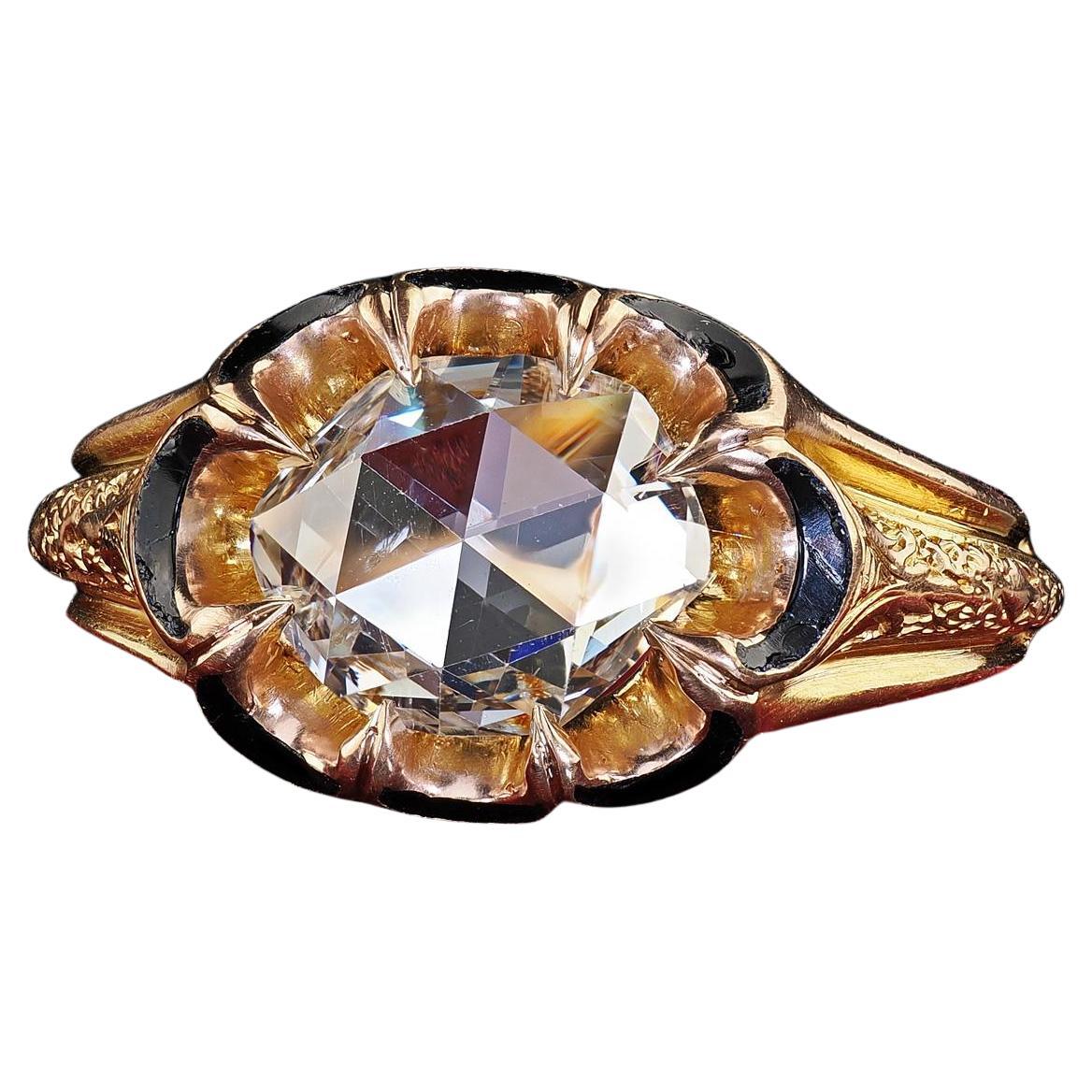 Antique Victorian 18K Yellow Gold Rose Cut Diamond Enamel Engagement Ring - GIA in vendita