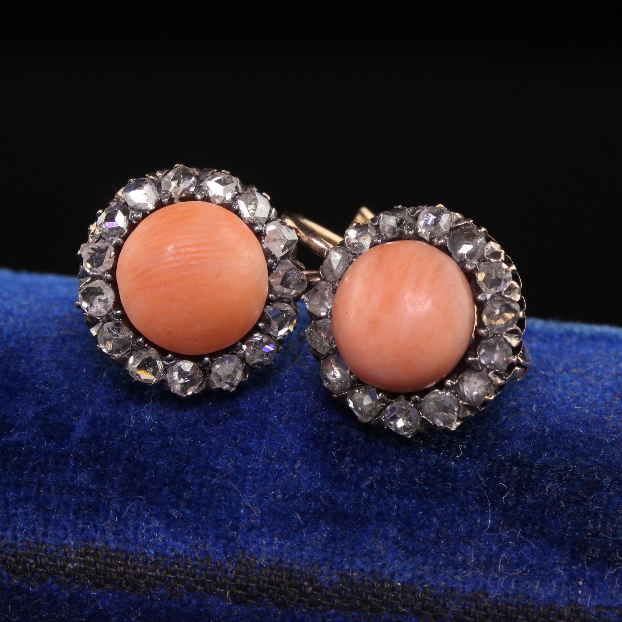 Antique Victorian 18k Yellow Gold Rose Cut Diamond Halo Coral Drop Earrings In Good Condition For Sale In Great Neck, NY