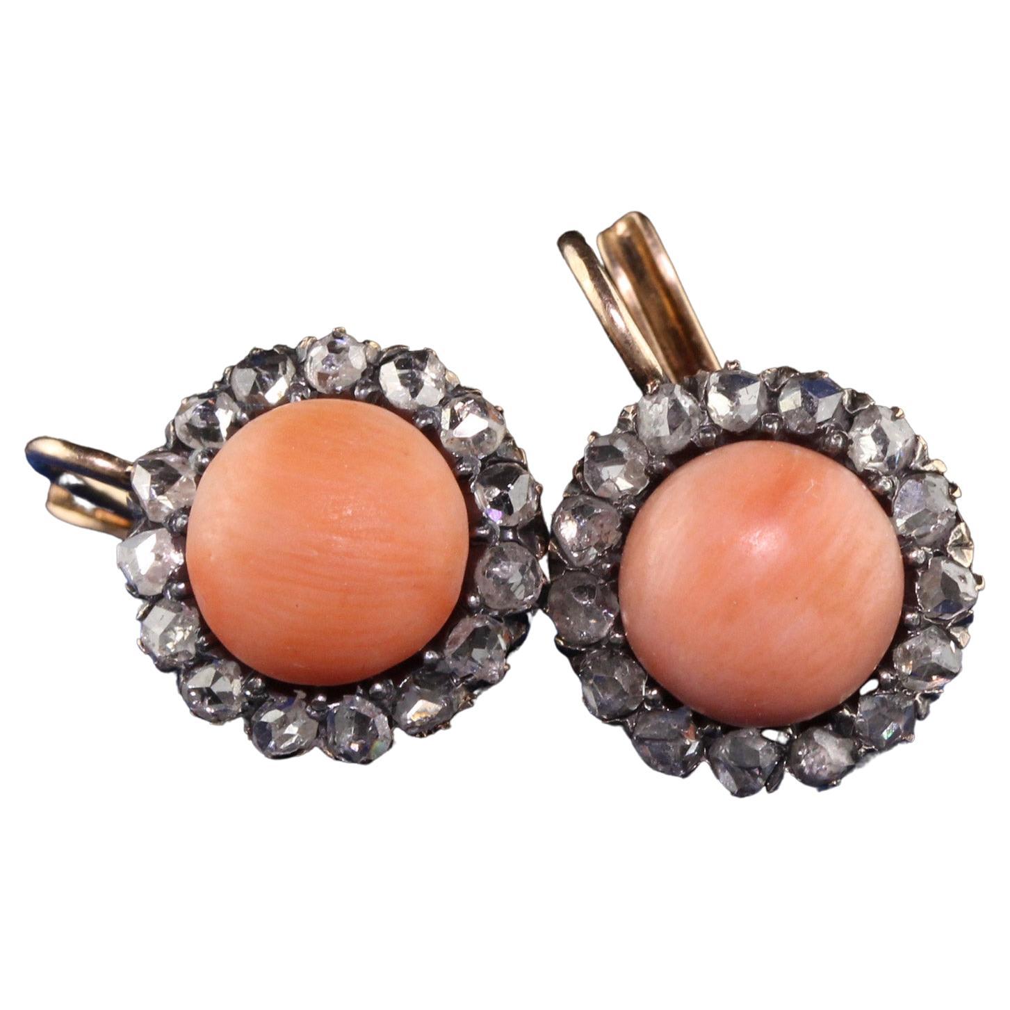 Antique Victorian 18k Yellow Gold Rose Cut Diamond Halo Coral Drop Earrings For Sale