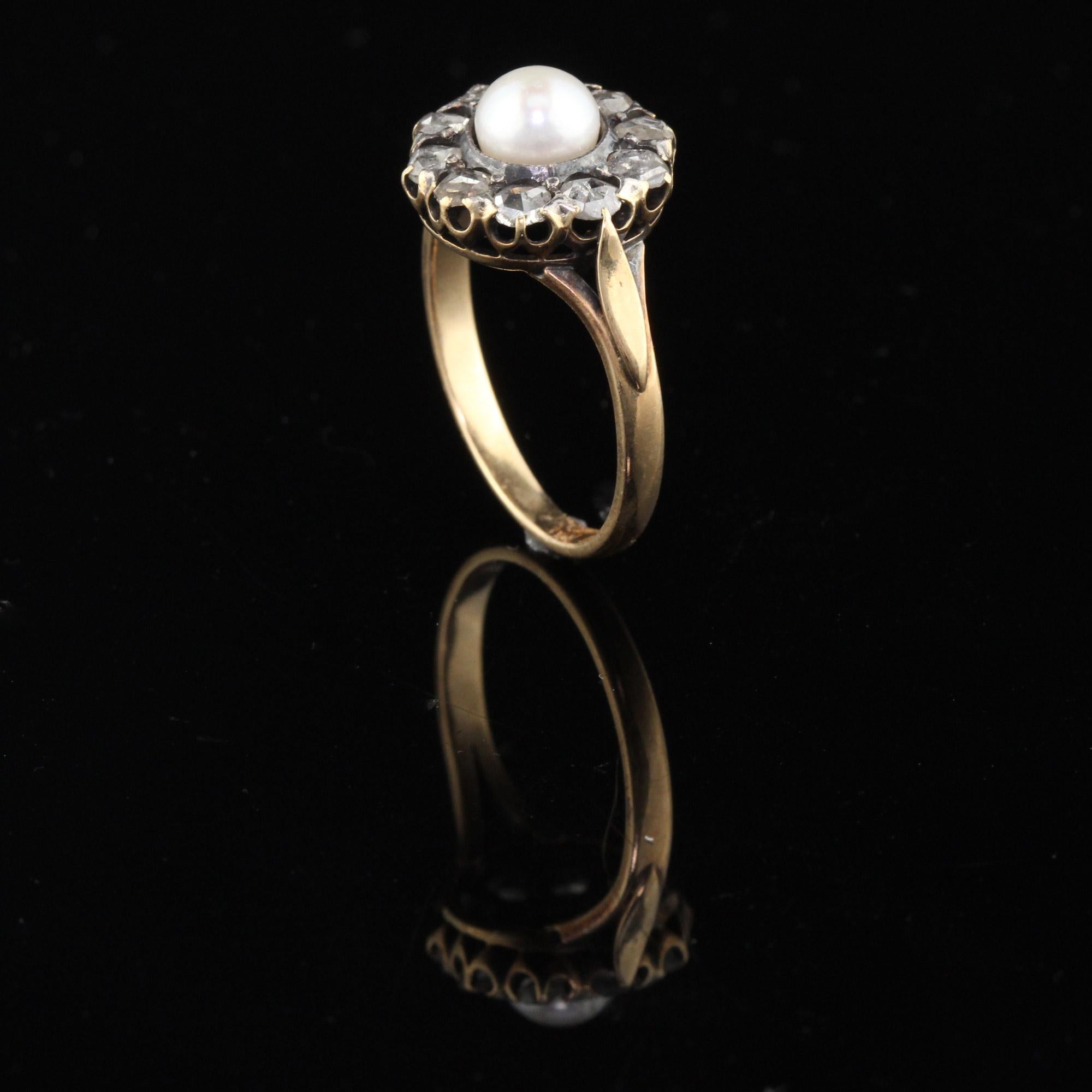 Antique Victorian 18 Karat Yellow Gold Rose Cut Diamond and Pearl Cluster Ring In Good Condition In Great Neck, NY