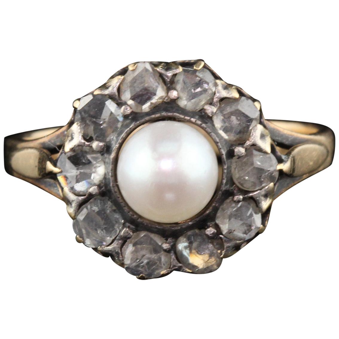 Antique Victorian 18 Karat Yellow Gold Rose Cut Diamond and Pearl Cluster Ring