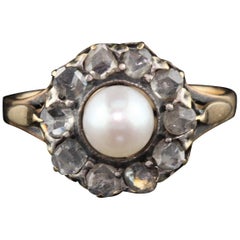 Antique Victorian 18 Karat Yellow Gold Rose Cut Diamond and Pearl Cluster Ring