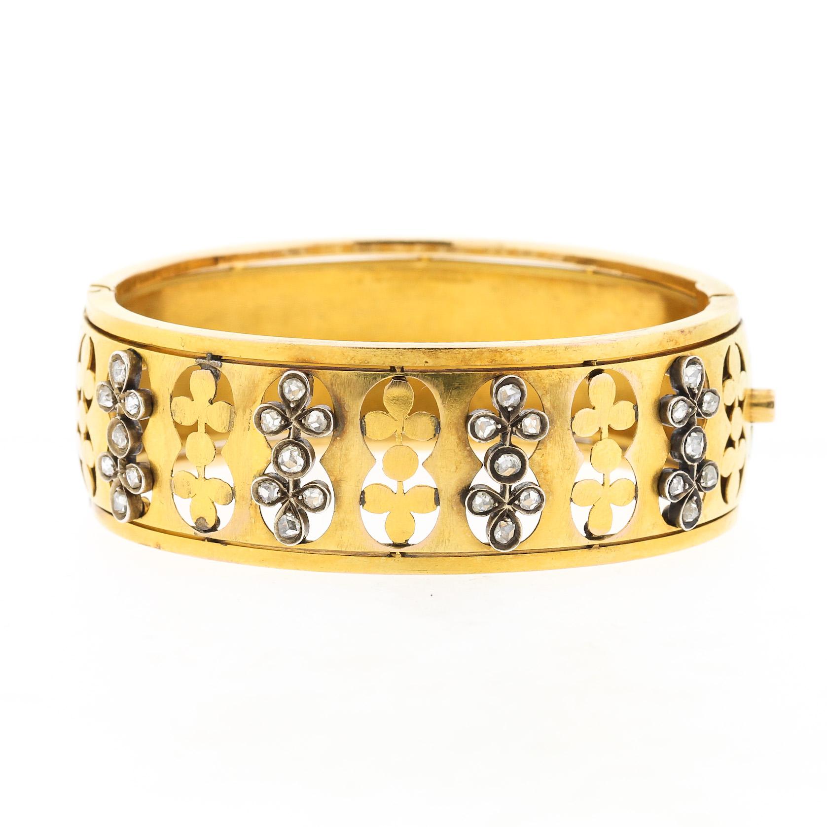 Late Victorian Antique Victorian 18  Karat Yellow Gold Rosecut Diamond Bangle Bracelet