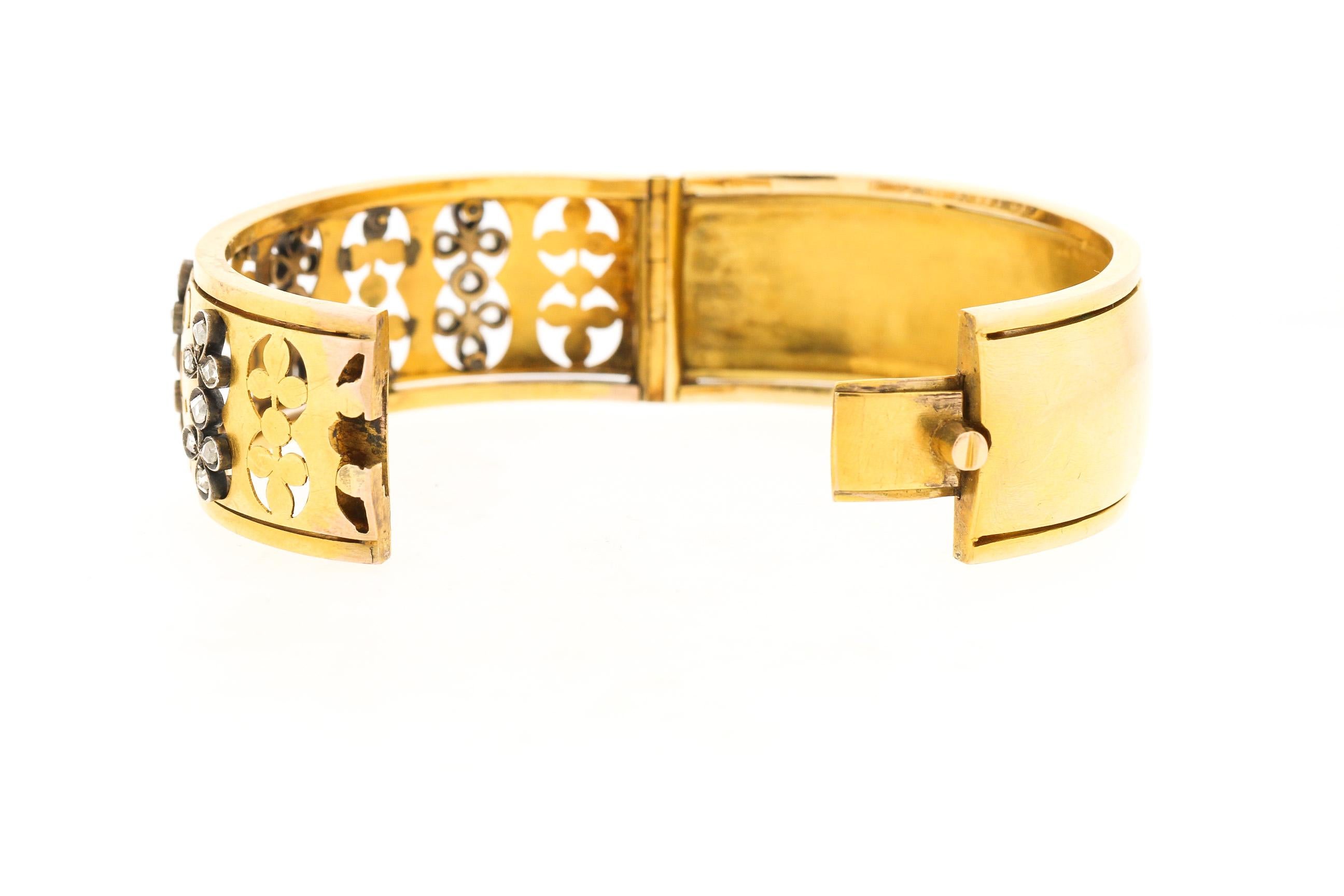 Antique Victorian 18  Karat Yellow Gold Rosecut Diamond Bangle Bracelet In Good Condition In New York, NY