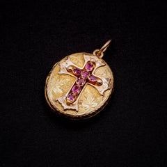 Antique Victorian 18K Yellow Gold Ruby Crucifix Engraved Rosary Locket