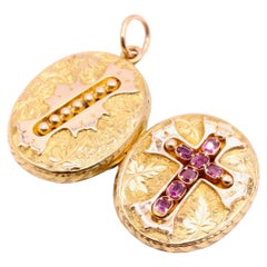 Antique Victorian 18K Yellow Gold Ruby Crucifix Engraved Rosary Locket