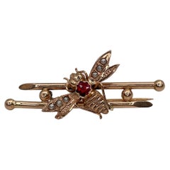 Antique Victorian 18K Yellow Gold Ruby Pearl Insect Bar Brooch