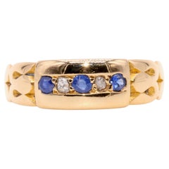 Anillo victoriano antiguo de oro amarillo de 18 quilates con 5 piedras de zafiro y diamantes