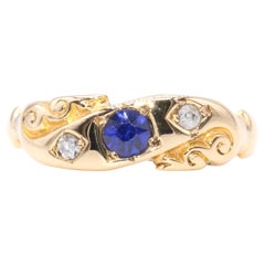 Antique Victorian 18K Yellow Gold Sapphire and Diamond Trilogy Ring