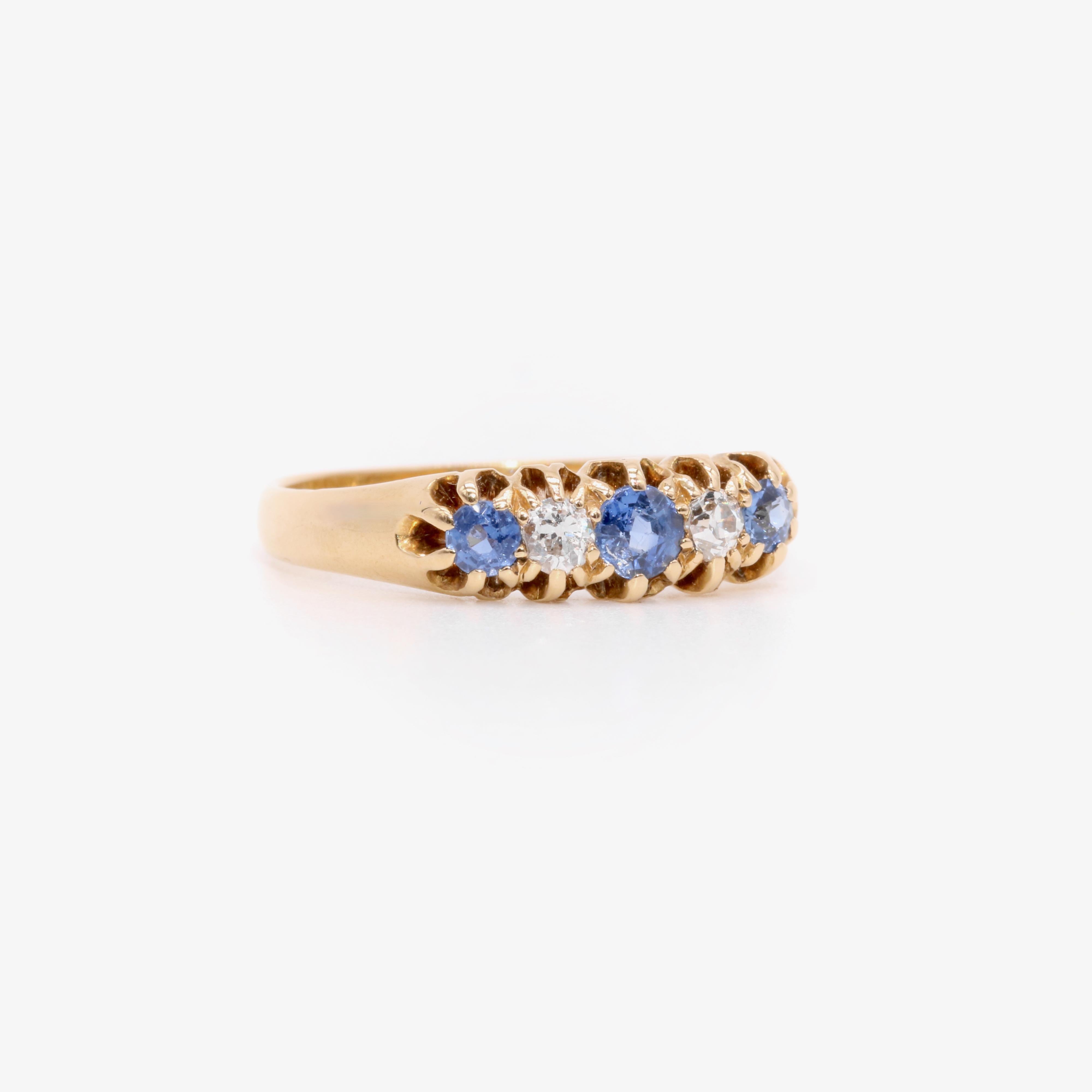 Single Cut Antique Victorian 18K Yellow Gold Sapphire and Old Cut Diamond 5 Stone Ring For Sale