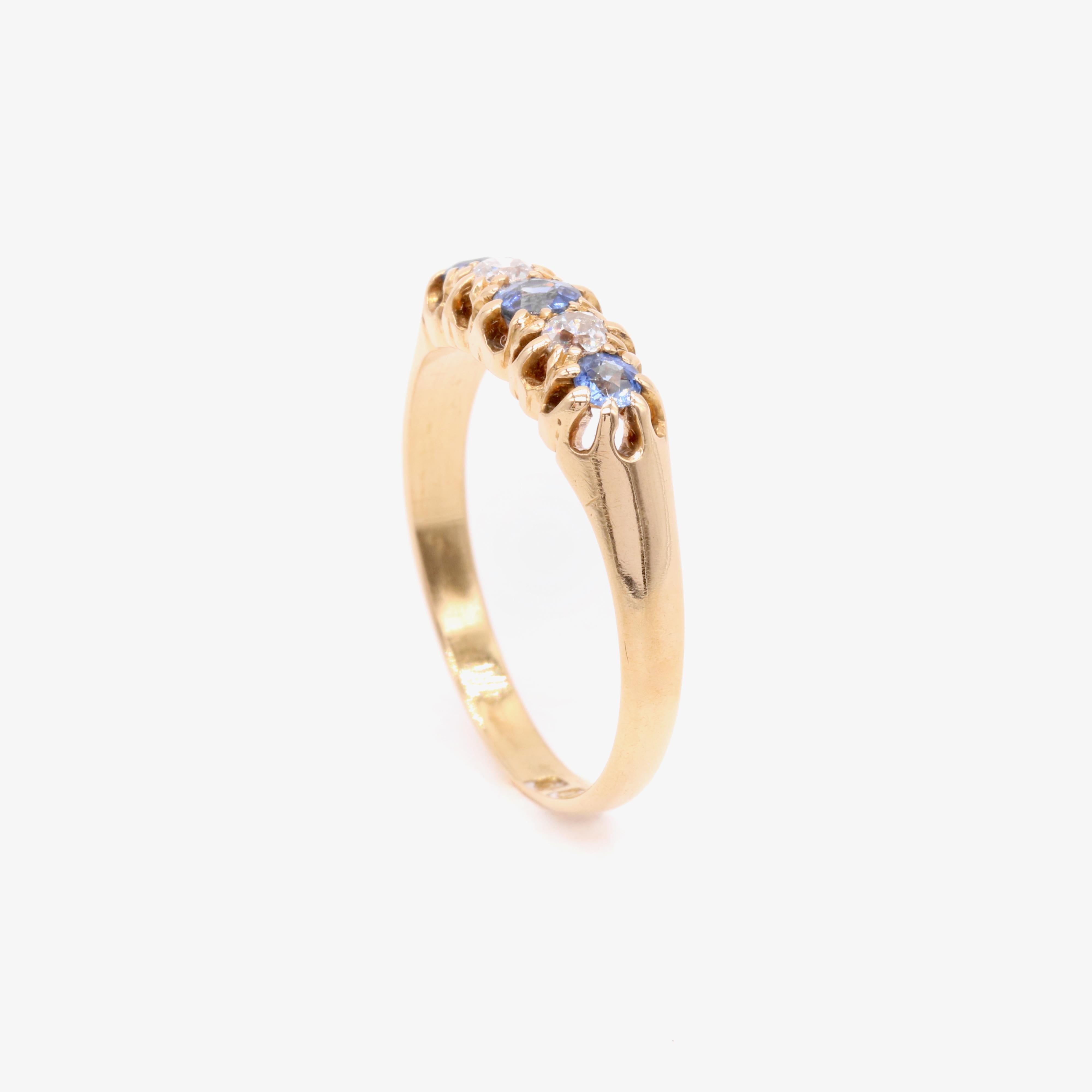 Antique Victorian 18K Yellow Gold Sapphire and Old Cut Diamond 5 Stone Ring For Sale 2