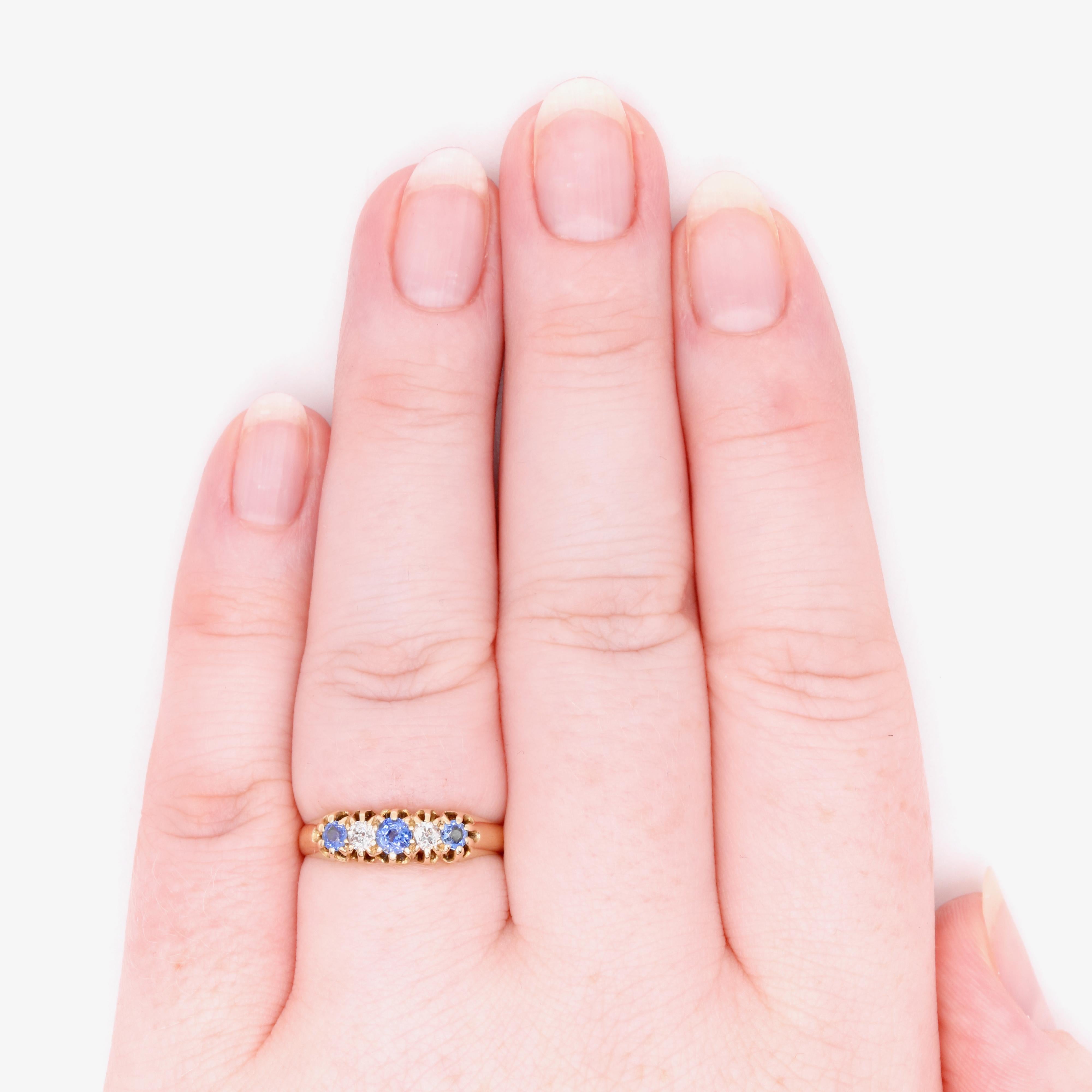 Antique Victorian 18K Yellow Gold Sapphire and Old Cut Diamond 5 Stone Ring For Sale 4