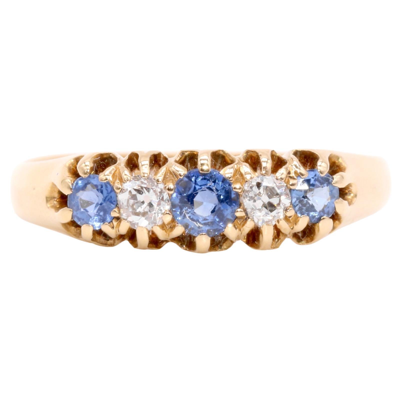 Antique Victorian 18K Yellow Gold Sapphire and Old Cut Diamond 5 Stone Ring