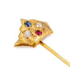 Antique Victorian 18K Yellow Gold Sapphire Ruby Diamond Royal Crown Pin