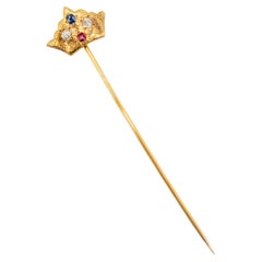 Antique Victorian 18K Yellow Gold Sapphire Ruby Diamond Royal Crown Pin