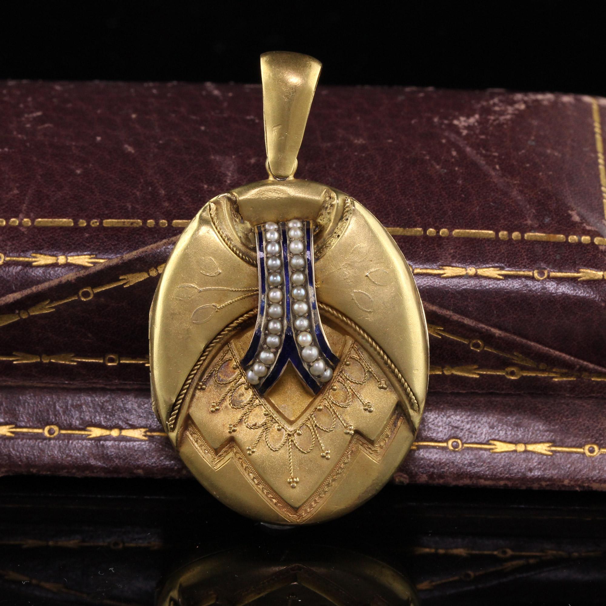 Antique Victorian 18K Yellow Gold Seed Pearl and Enamel Locket at 1stDibs