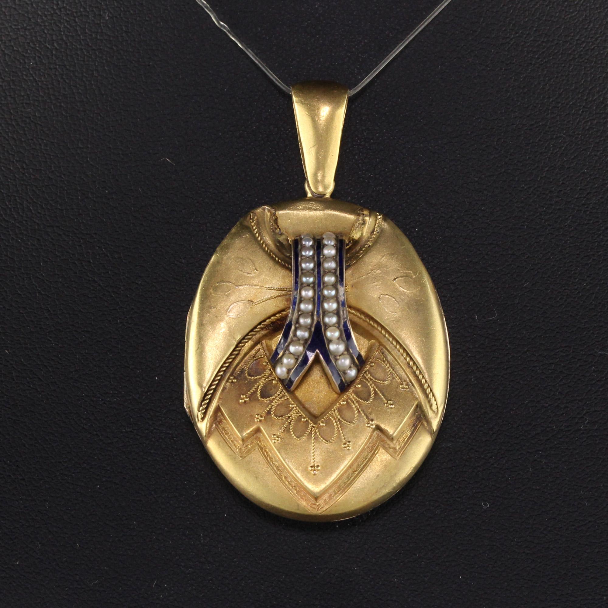 Antique Victorian 18K Yellow Gold Seed Pearl and Enamel Locket at 1stDibs