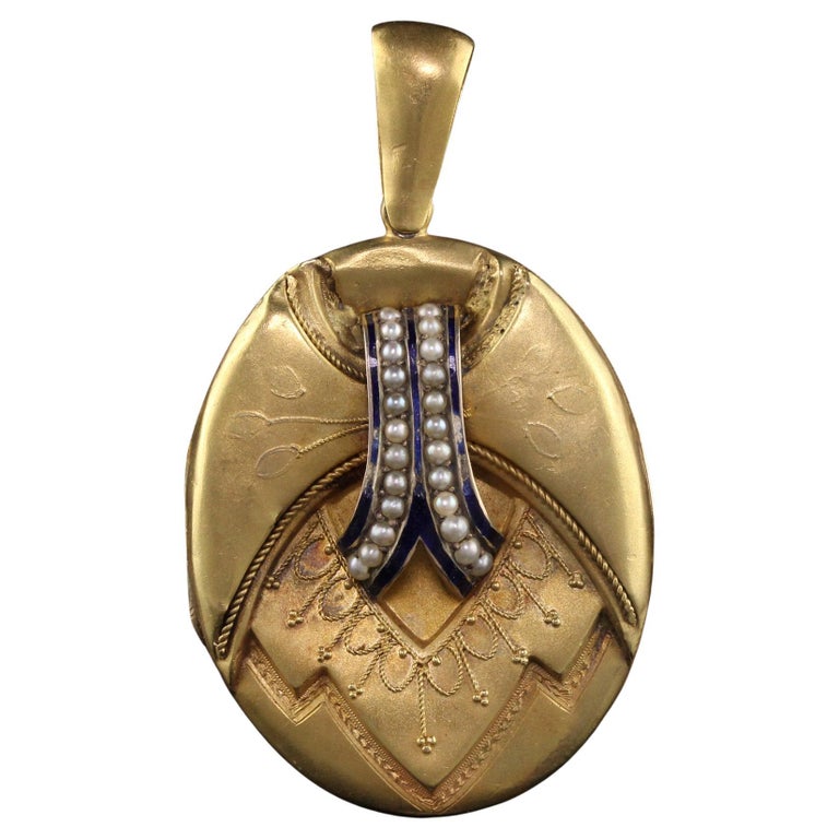 Antique Victorian 18K Yellow Gold Seed Pearl and Enamel Locket For Sale ...