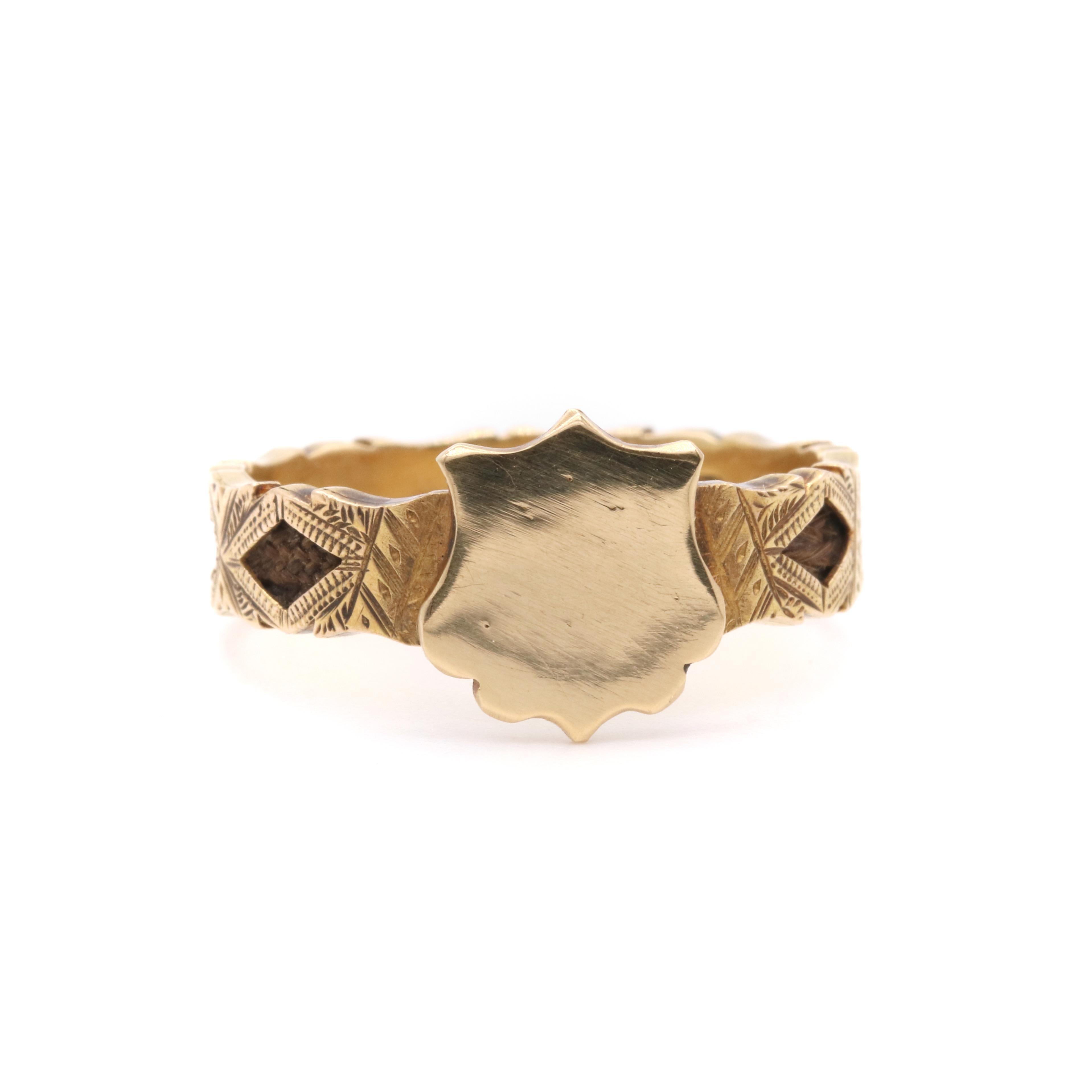 Women's or Men's Antique Victorian 18K Yellow Gold Shield Shaped Hairwork Engraved Mourning Ring