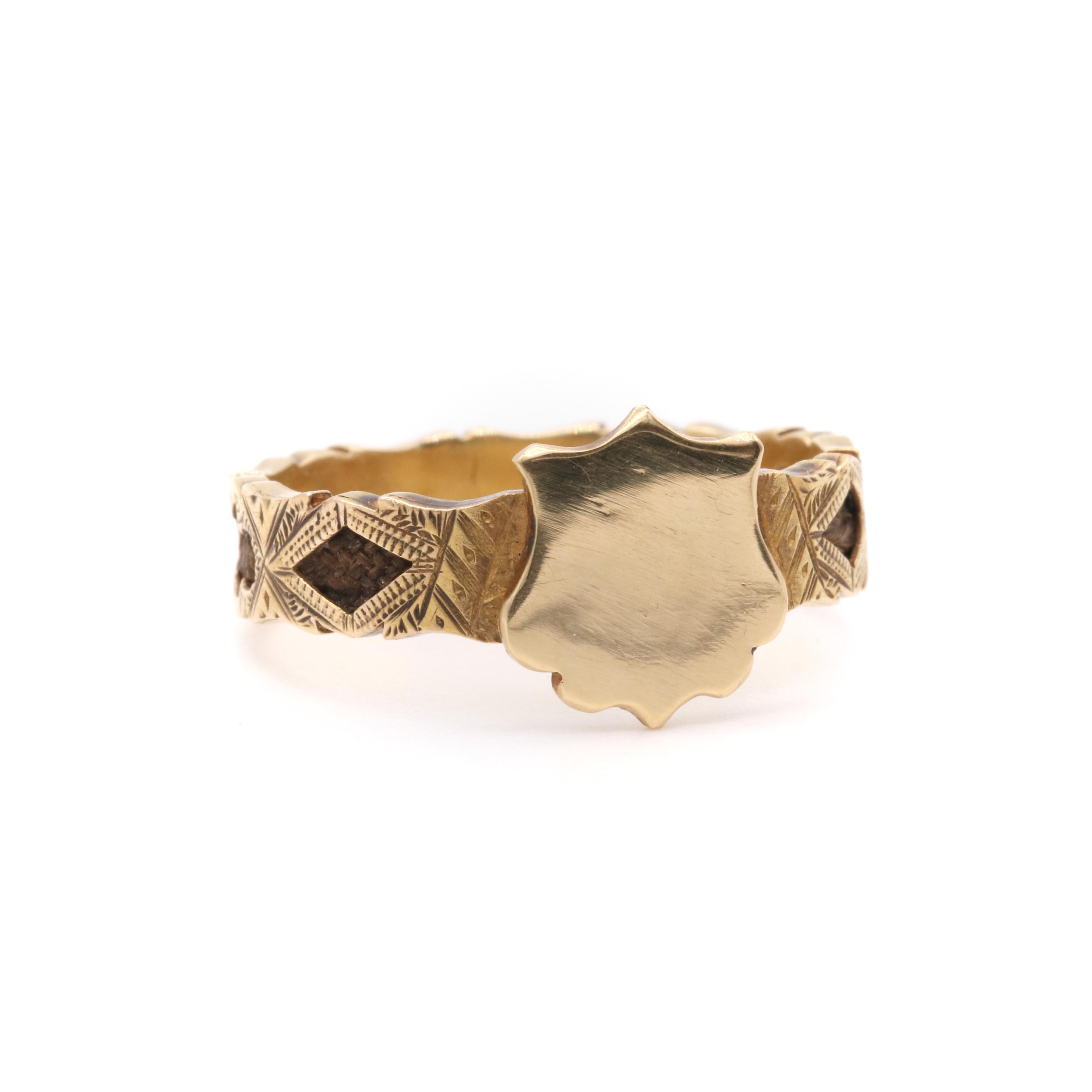 Antique Victorian 18K Yellow Gold Shield Shaped Hairwork Engraved Mourning Ring 1