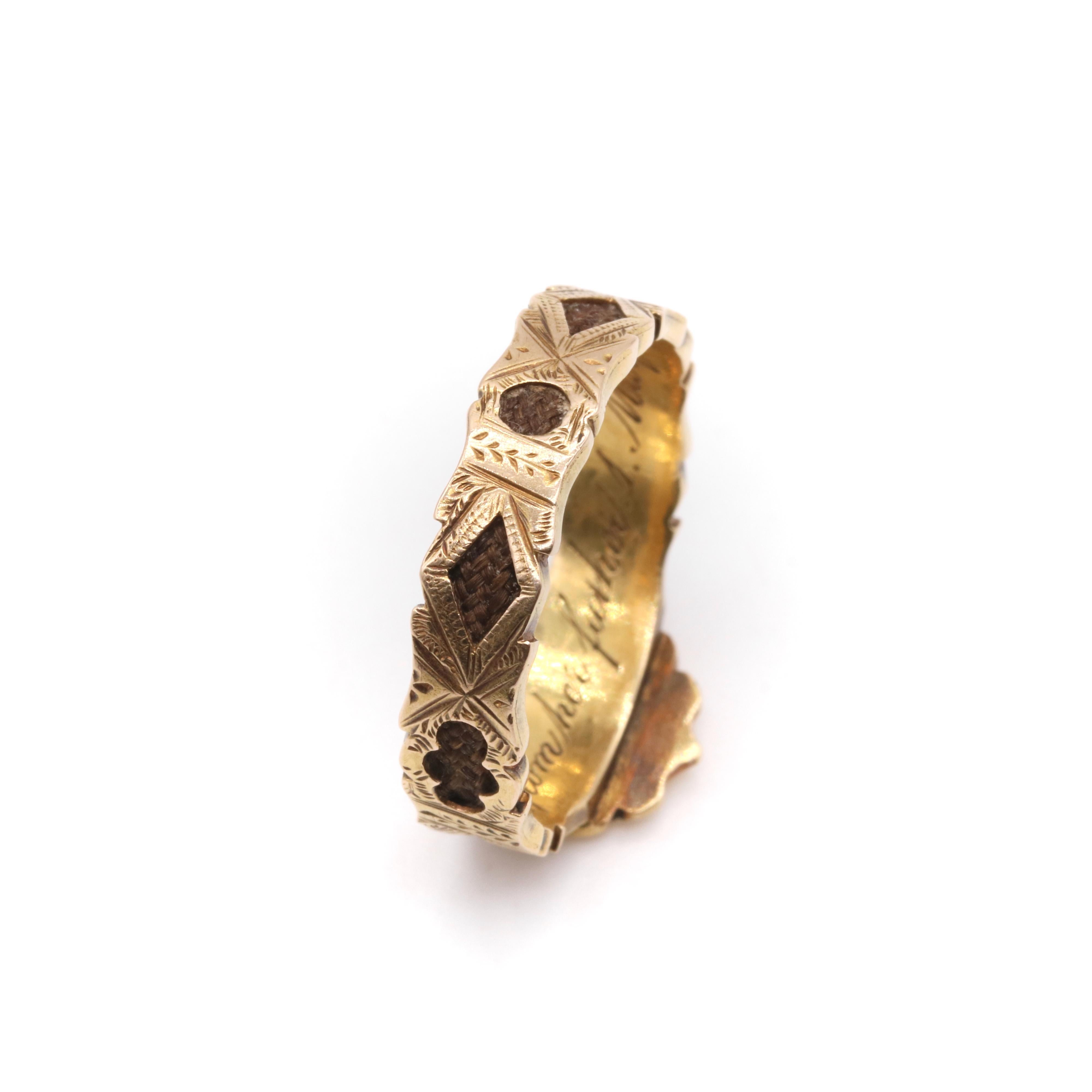 Antique Victorian 18K Yellow Gold Shield Shaped Hairwork Engraved Mourning Ring 5