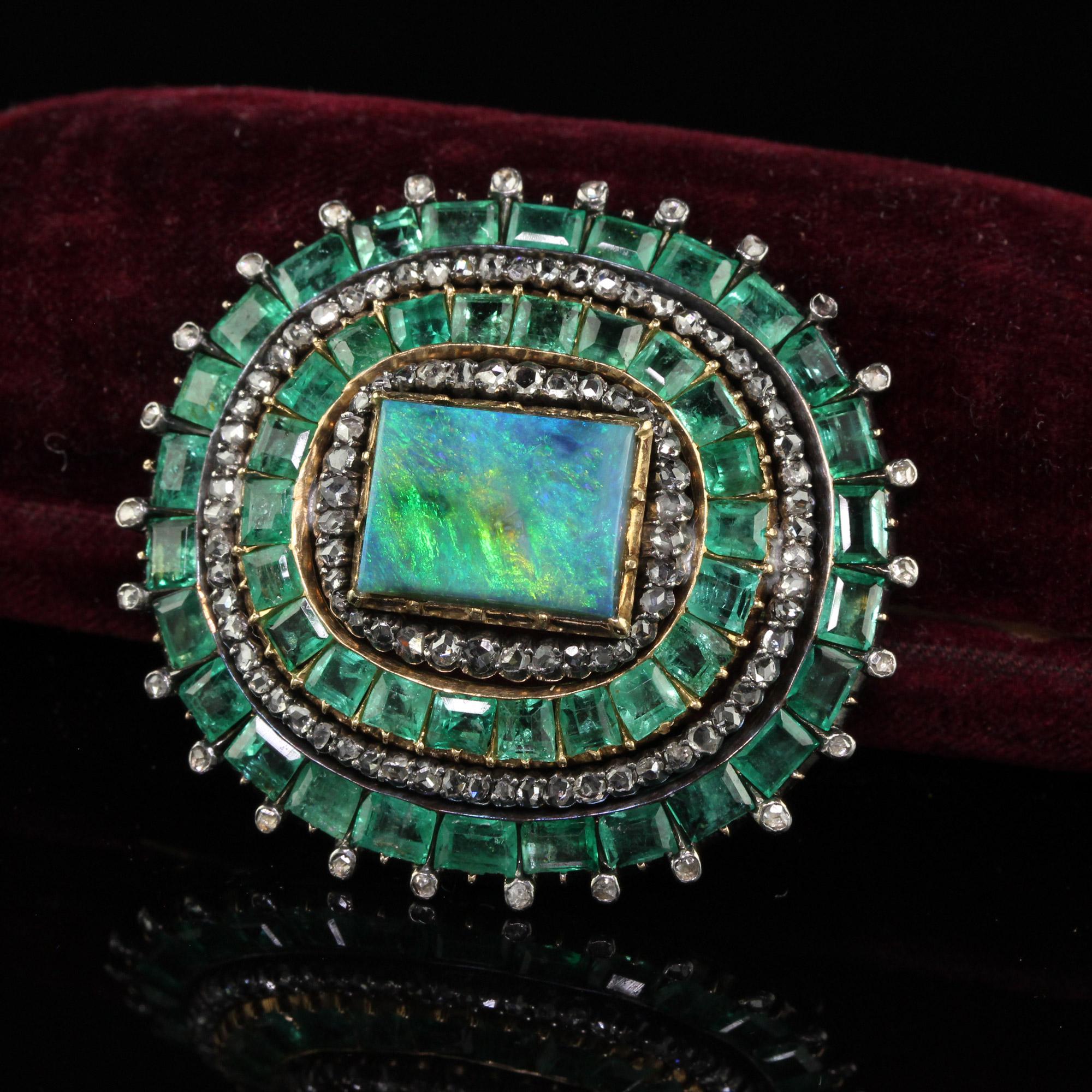 Beautiful Antique Victorian 18K Yellow Gold Silver Old Cut Diamond Emerald Black Opal Pin. This amazing early Victorian pin is crafted in 18k yellow gold and silver. This pin features two gorgeous rows of natural square antique cut emeralds and